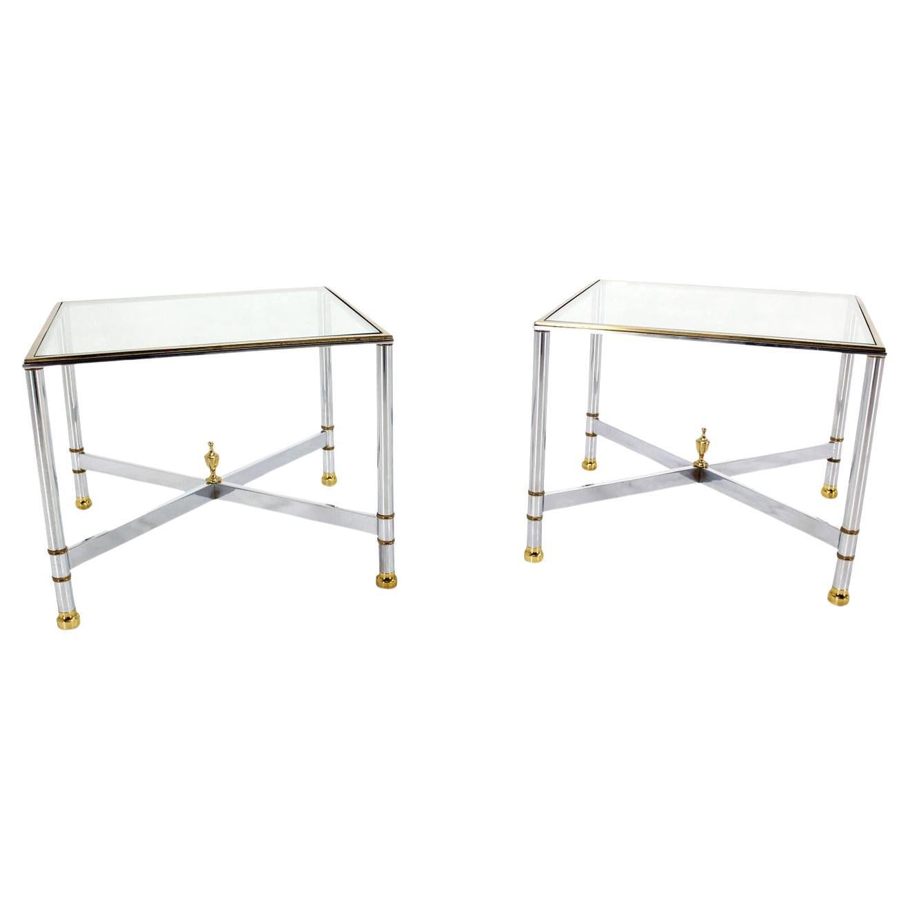 Pair Mid Century Modern Square Chrome  X Base End  Side Coffee Tables Stands  For Sale