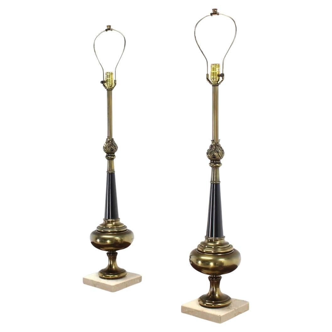 Pair Mid Century Modern Stiffel Brass Finial Shape Table Lamps Marble Bases MINT For Sale
