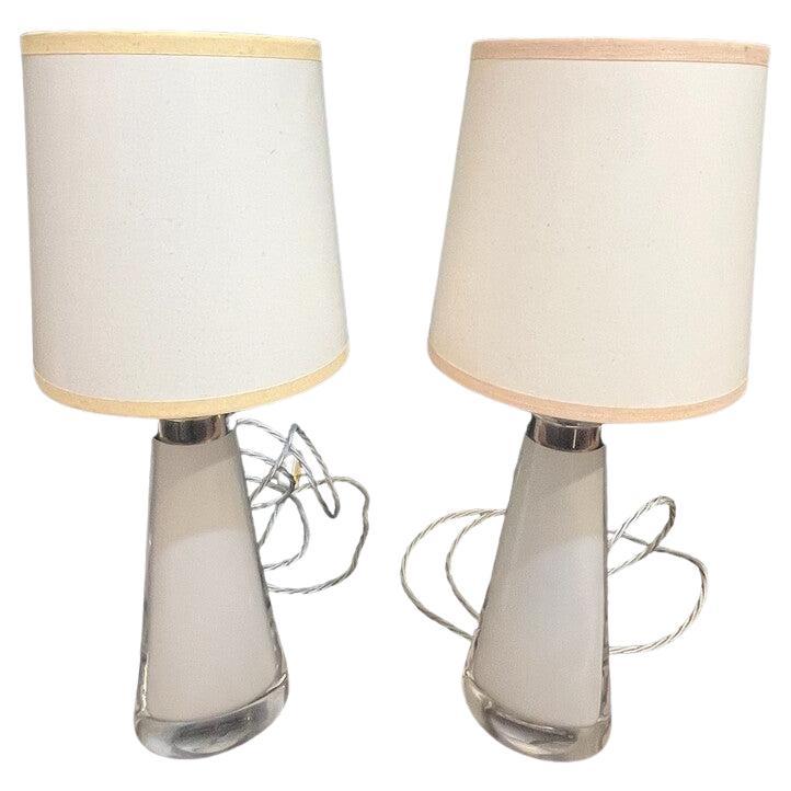 Pair Mid Century Modern Swedish Glass Orrefors Lamps For Sale