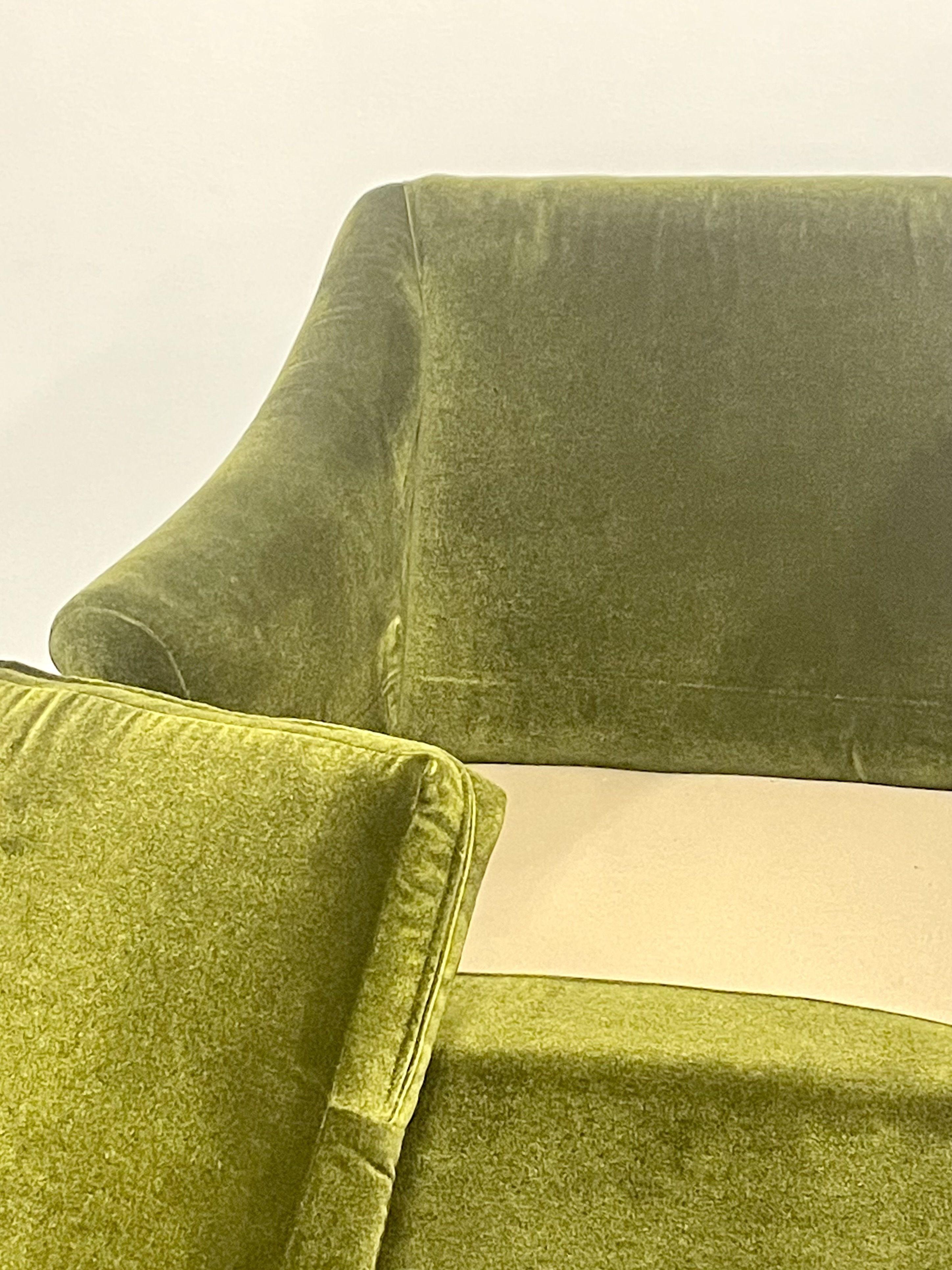 Pair Mid-Century Modern Swivel Arm, Lounge Chairs, Olive Green Velvet, American 4