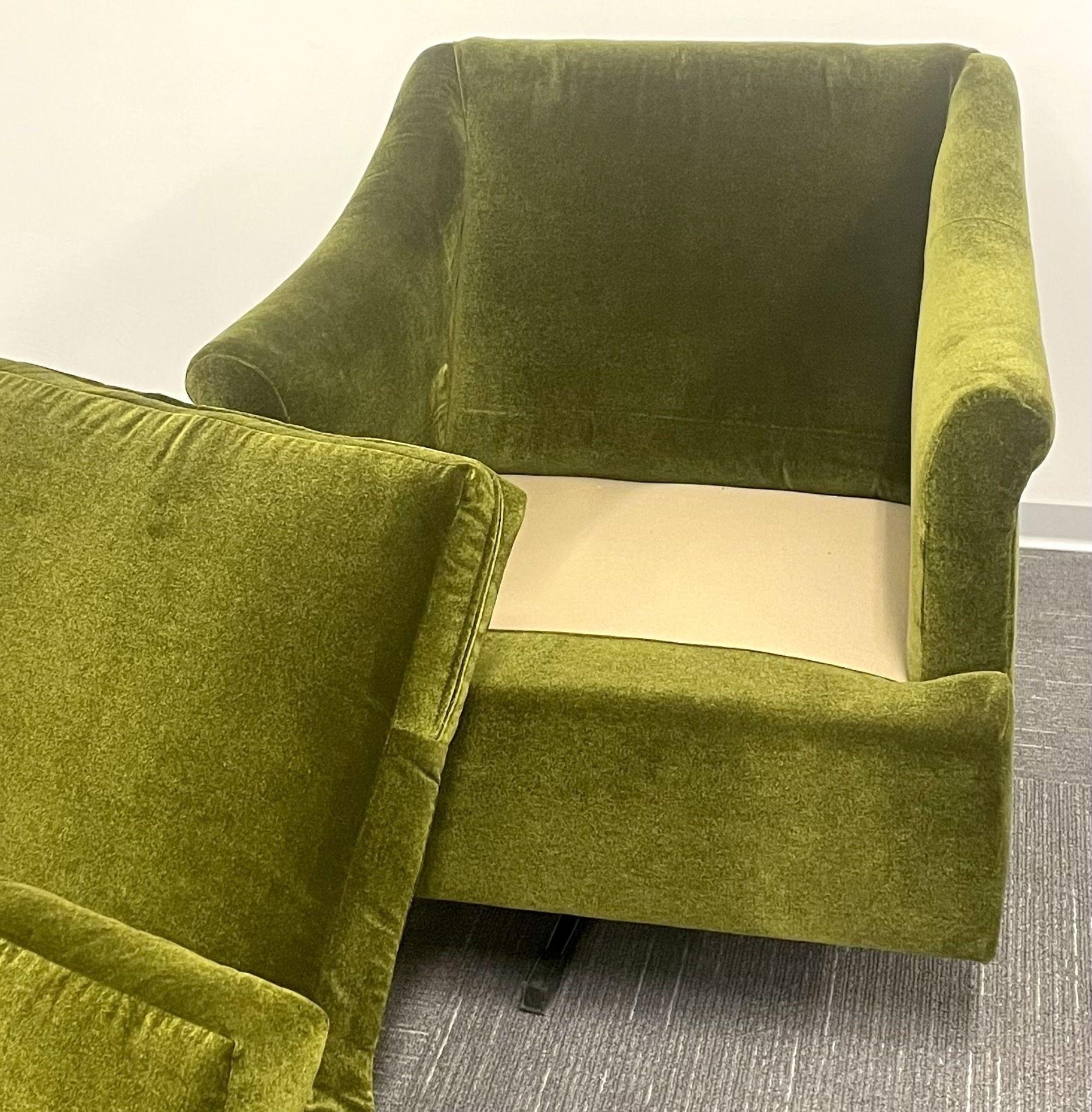 Pair Mid-Century Modern Swivel Arm, Lounge Chairs, Olive Green Velvet, American 5