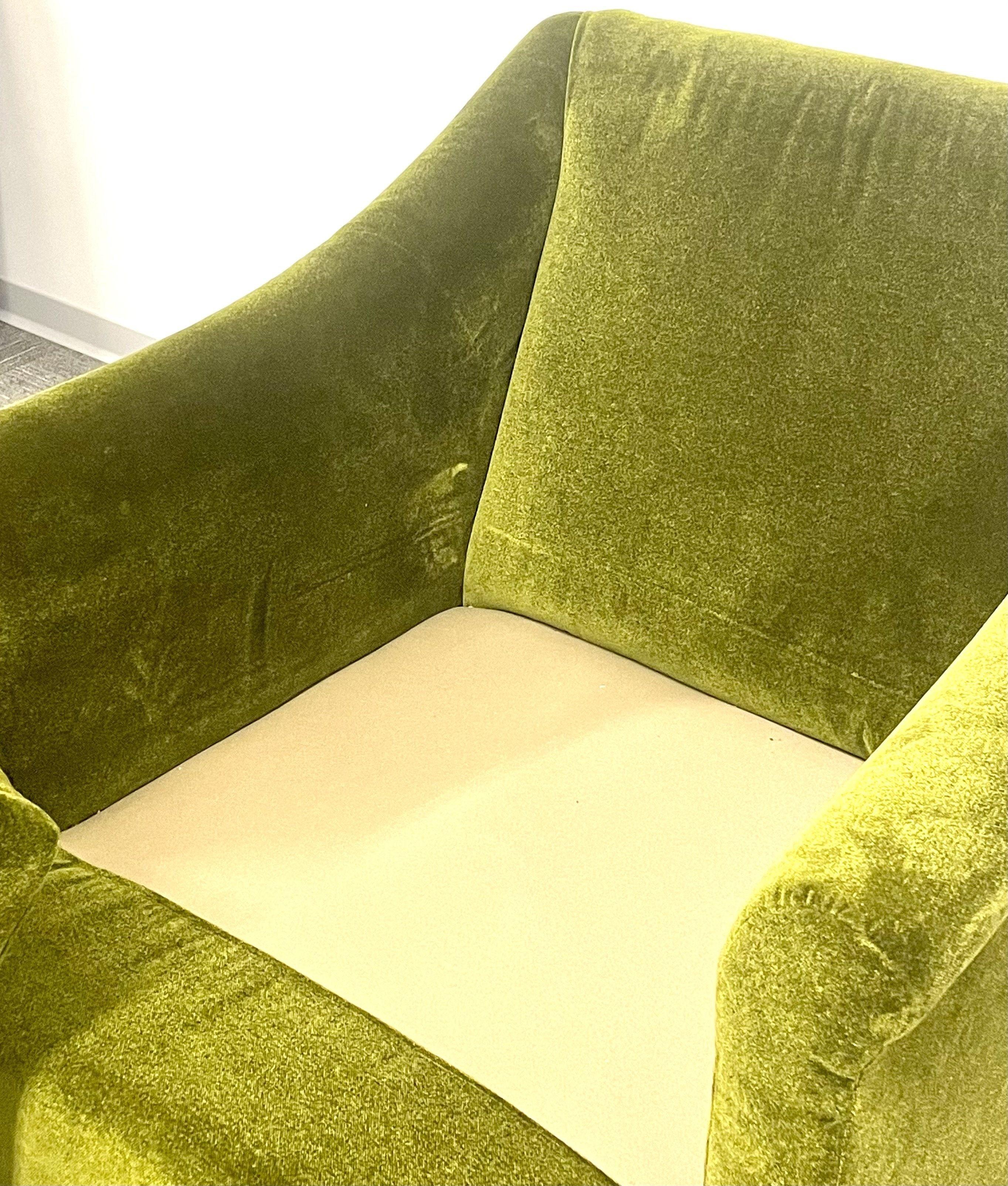 Pair Mid-Century Modern Swivel Arm, Lounge Chairs, Olive Green Velvet, American 8