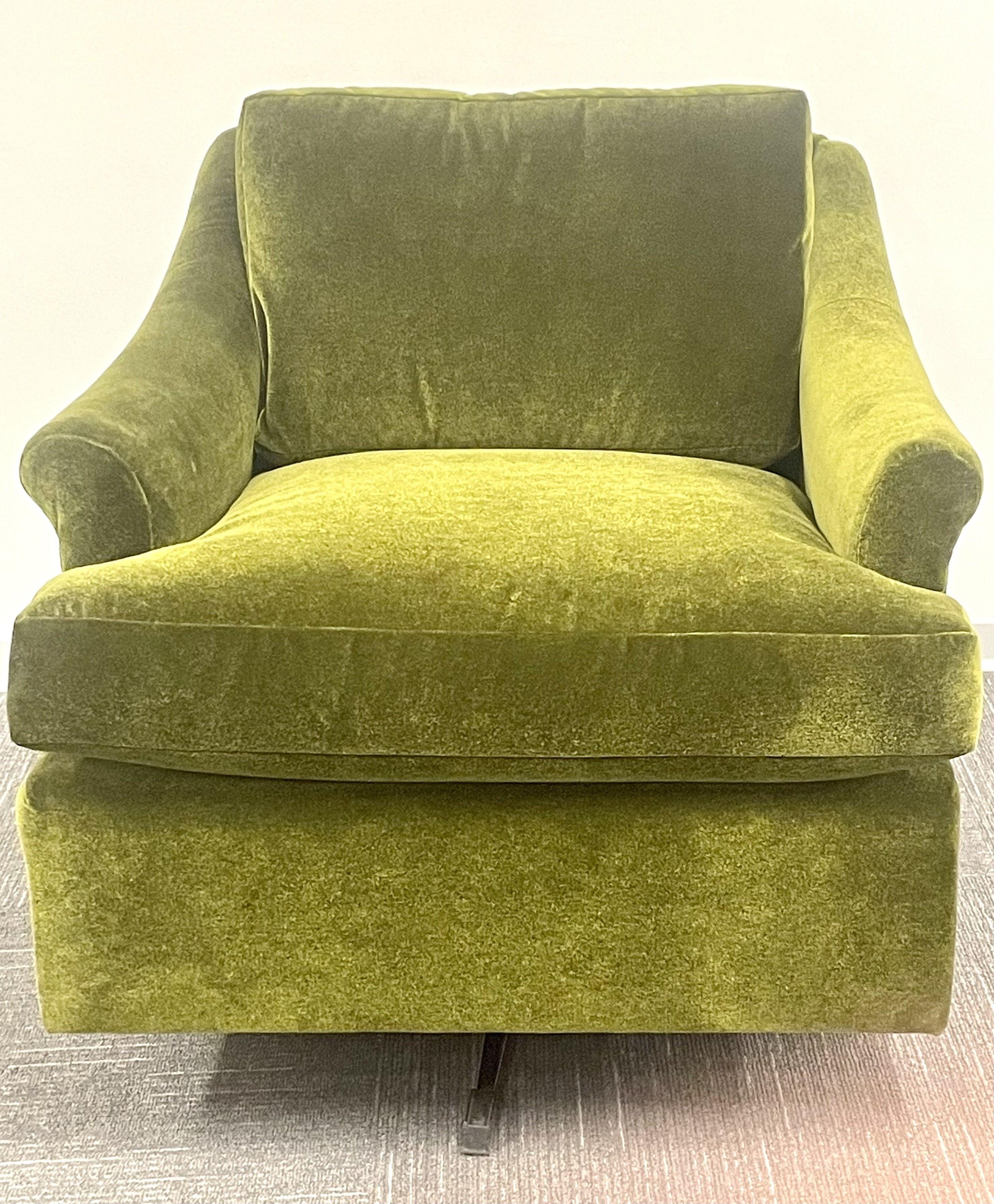 Pair Mid-Century Modern Swivel Arm, Lounge Chairs, Olive Green Velvet, American In Good Condition In Stamford, CT