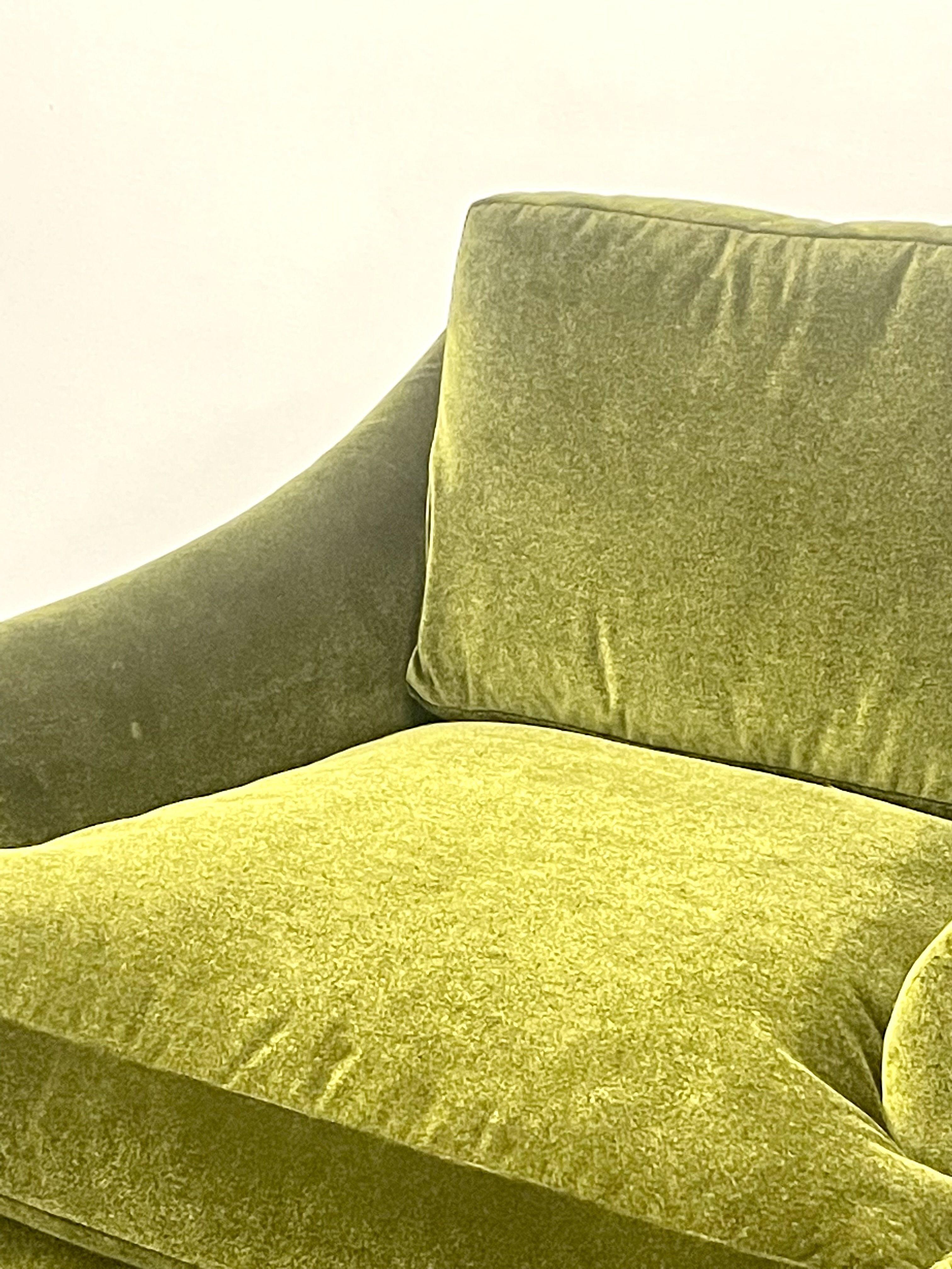20th Century Pair Mid-Century Modern Swivel Arm, Lounge Chairs, Olive Green Velvet, American