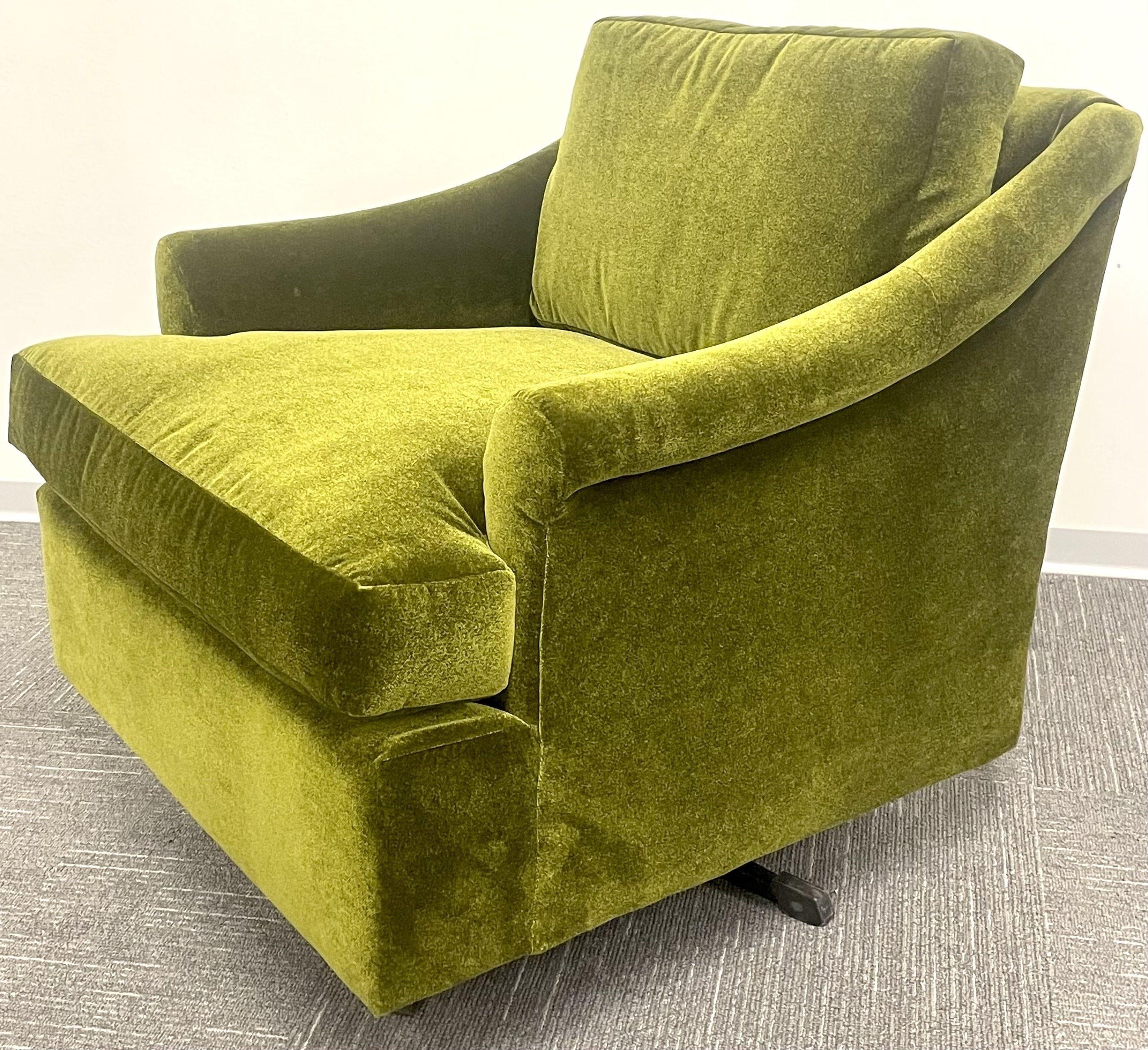 Fabric Pair Mid-Century Modern Swivel Arm, Lounge Chairs, Olive Green Velvet, American