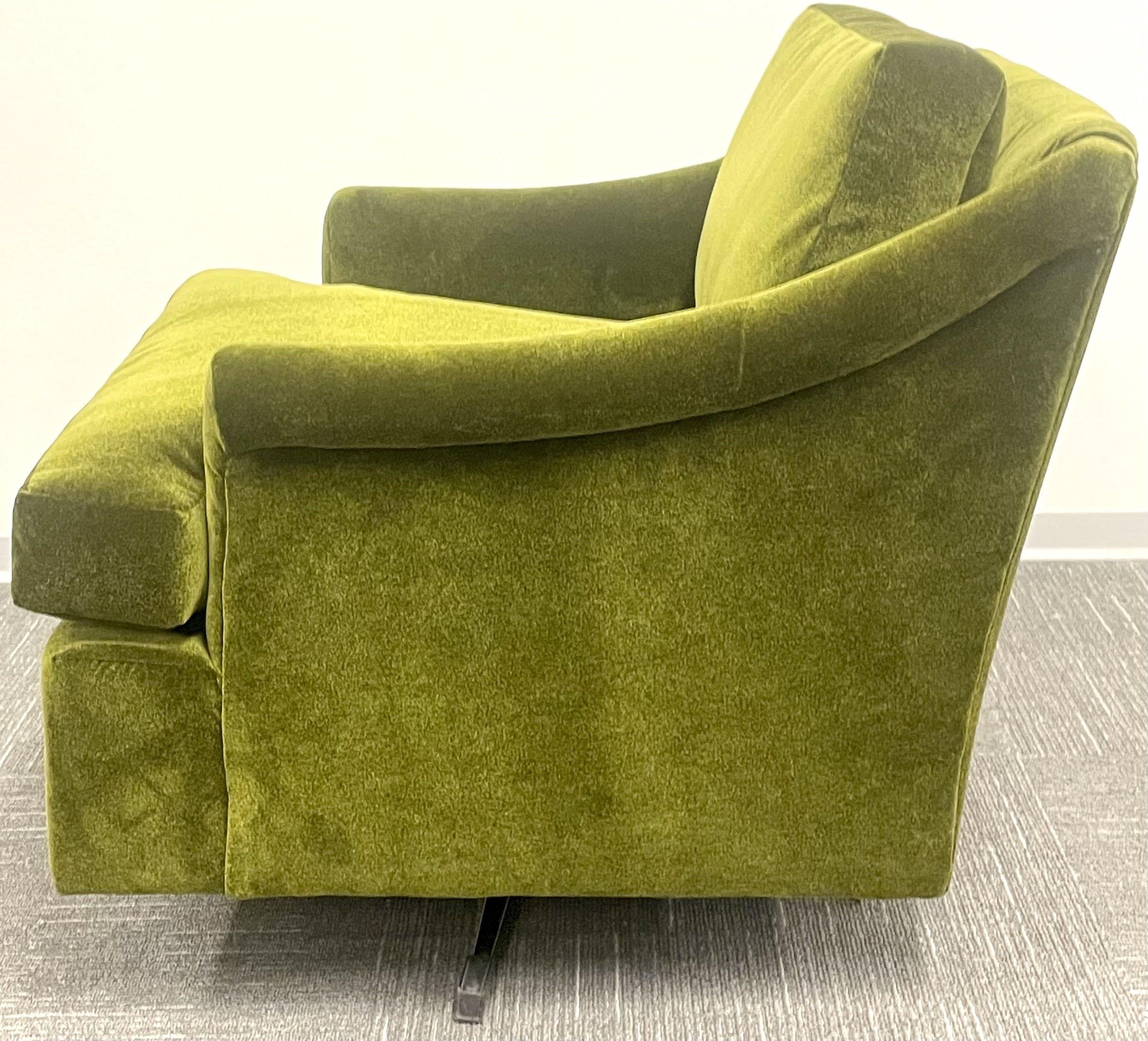 Pair Mid-Century Modern Swivel Arm, Lounge Chairs, Olive Green Velvet, American 1