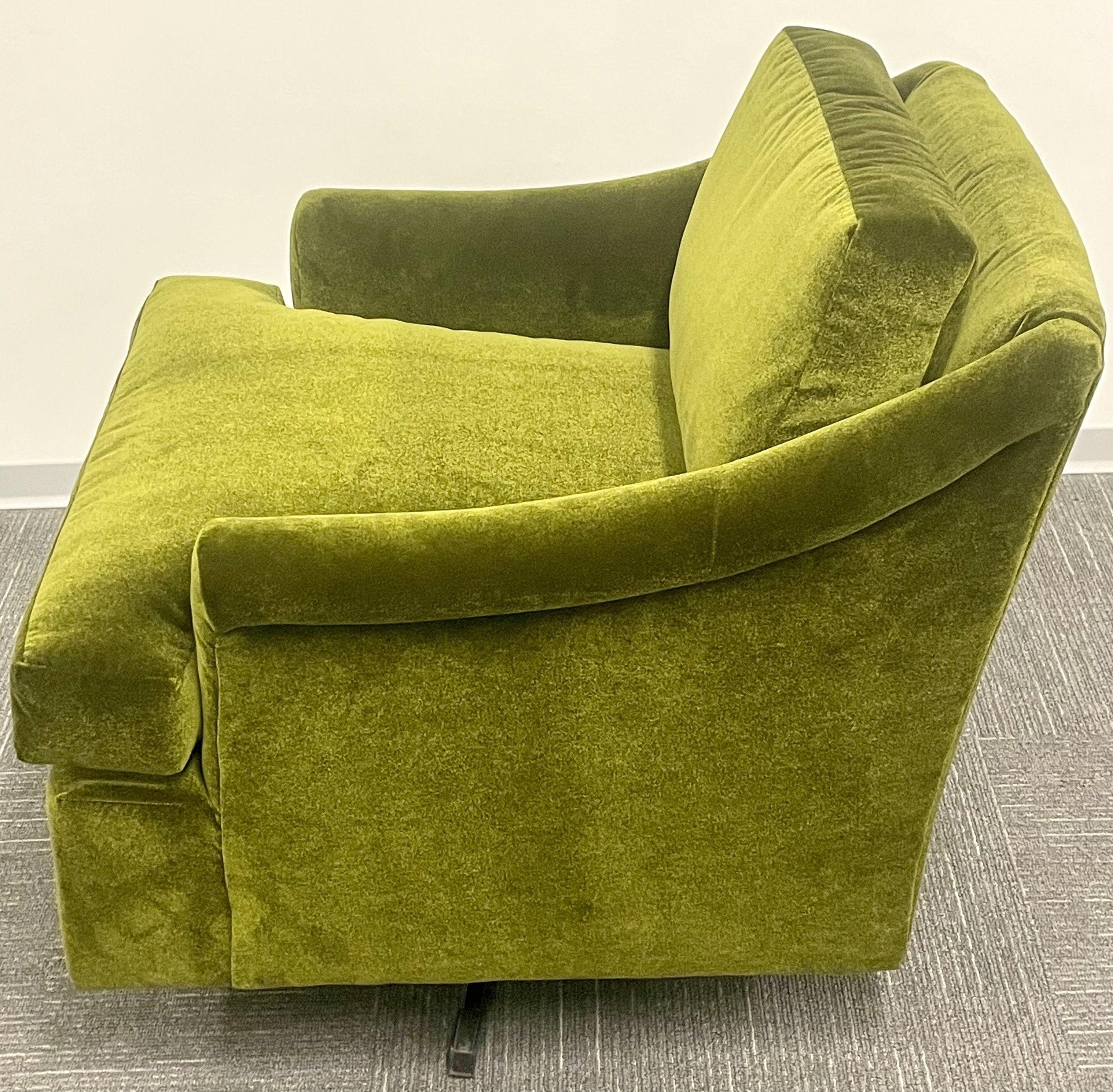 Pair Mid-Century Modern Swivel Arm, Lounge Chairs, Olive Green Velvet, American 2