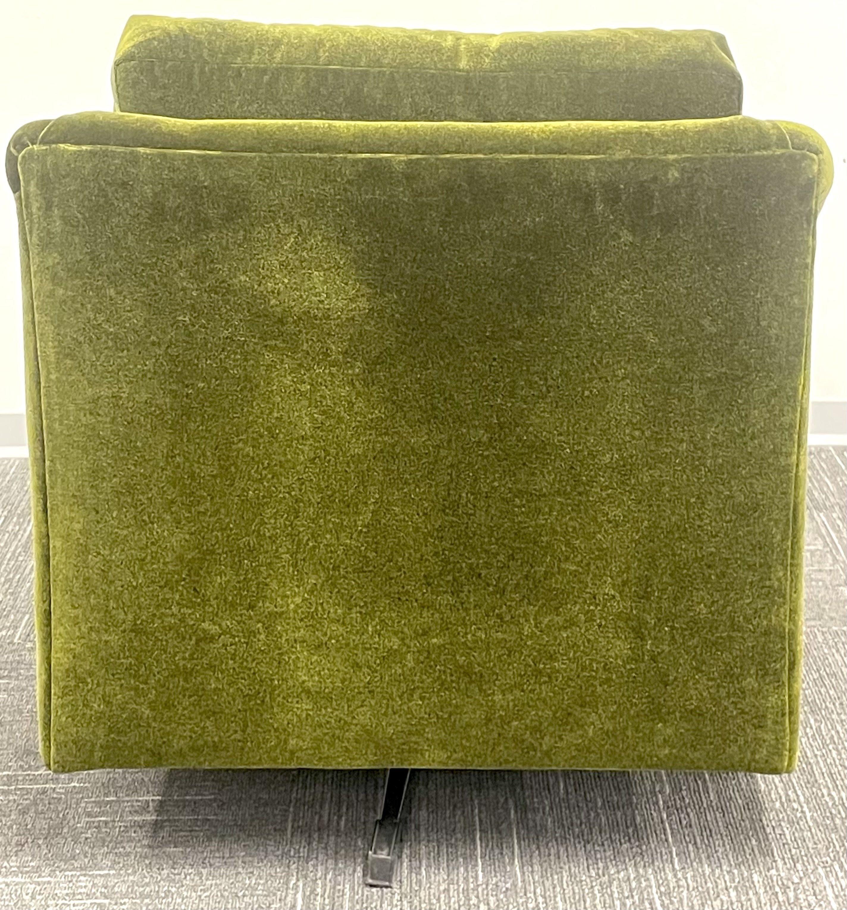 Pair Mid-Century Modern Swivel Arm, Lounge Chairs, Olive Green Velvet, American 3