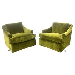 Pair Mid-Century Modern Swivel Arm, Lounge Chairs, Olive Green Velvet, American
