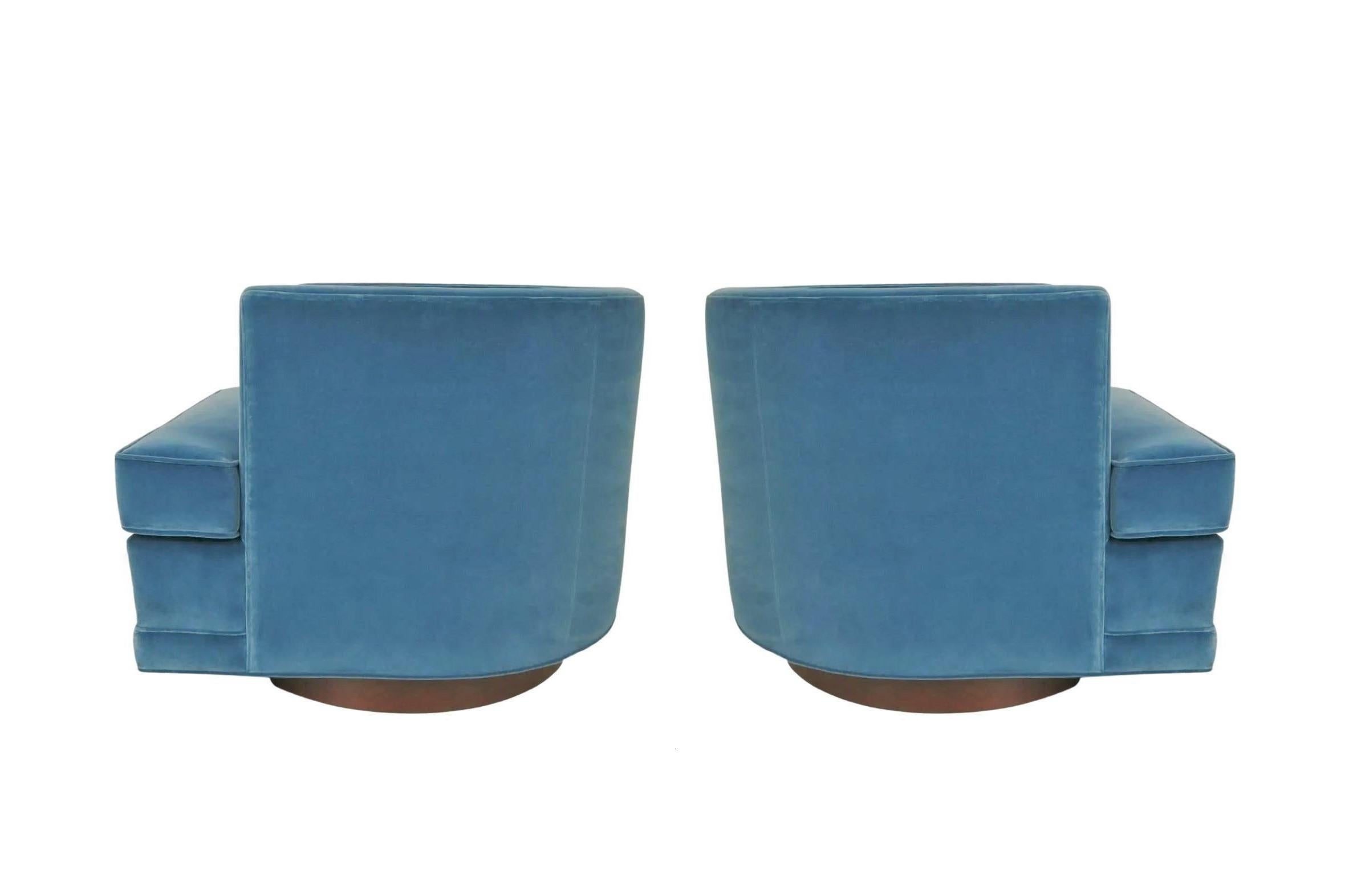 Pair Mid-Century Modern Swivel Chairs in Soft Blue Velvet 2