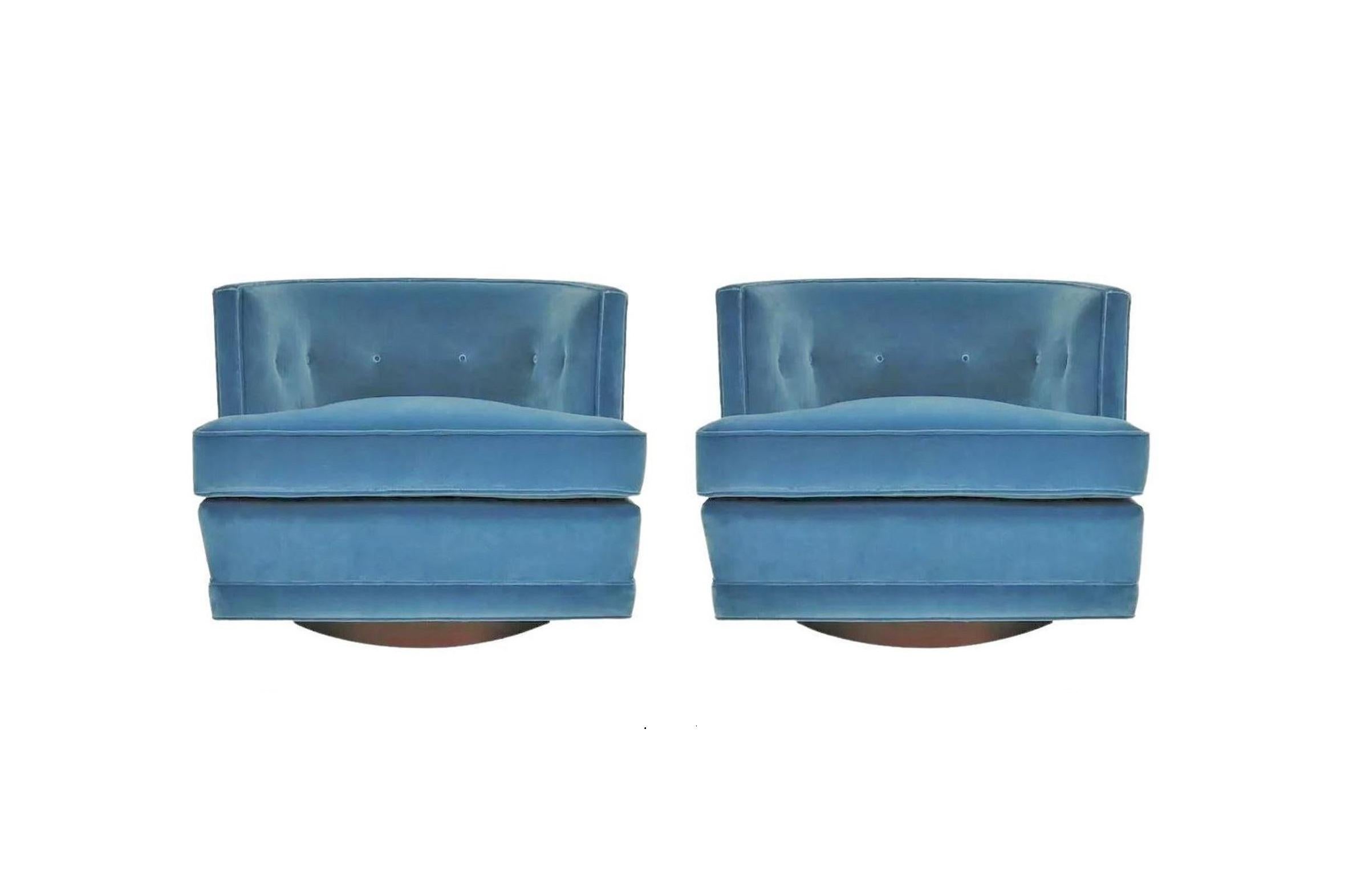 American Pair Mid-Century Modern Swivel Chairs in Soft Blue Velvet
