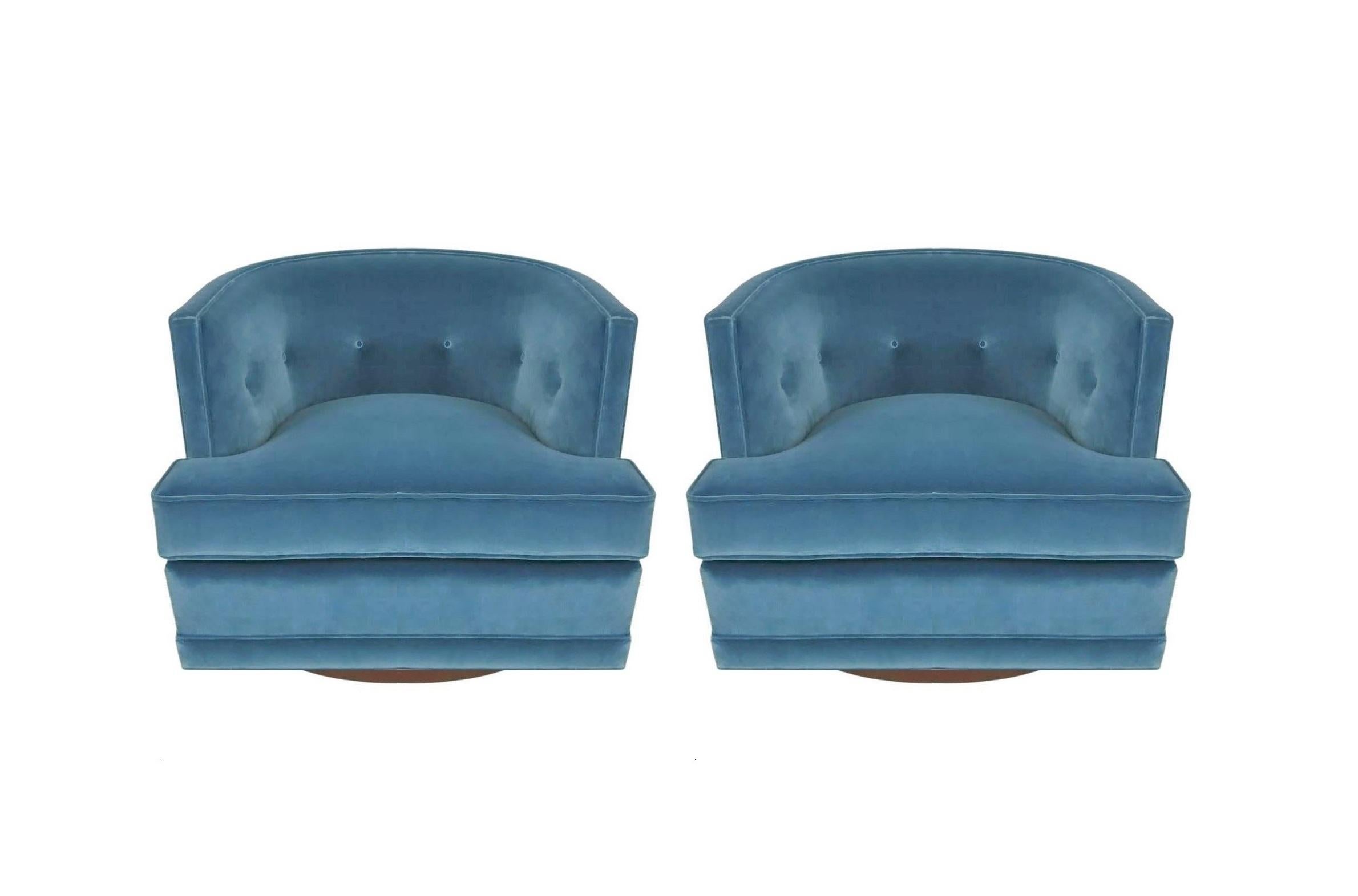 Wood Pair Mid-Century Modern Swivel Chairs in Soft Blue Velvet