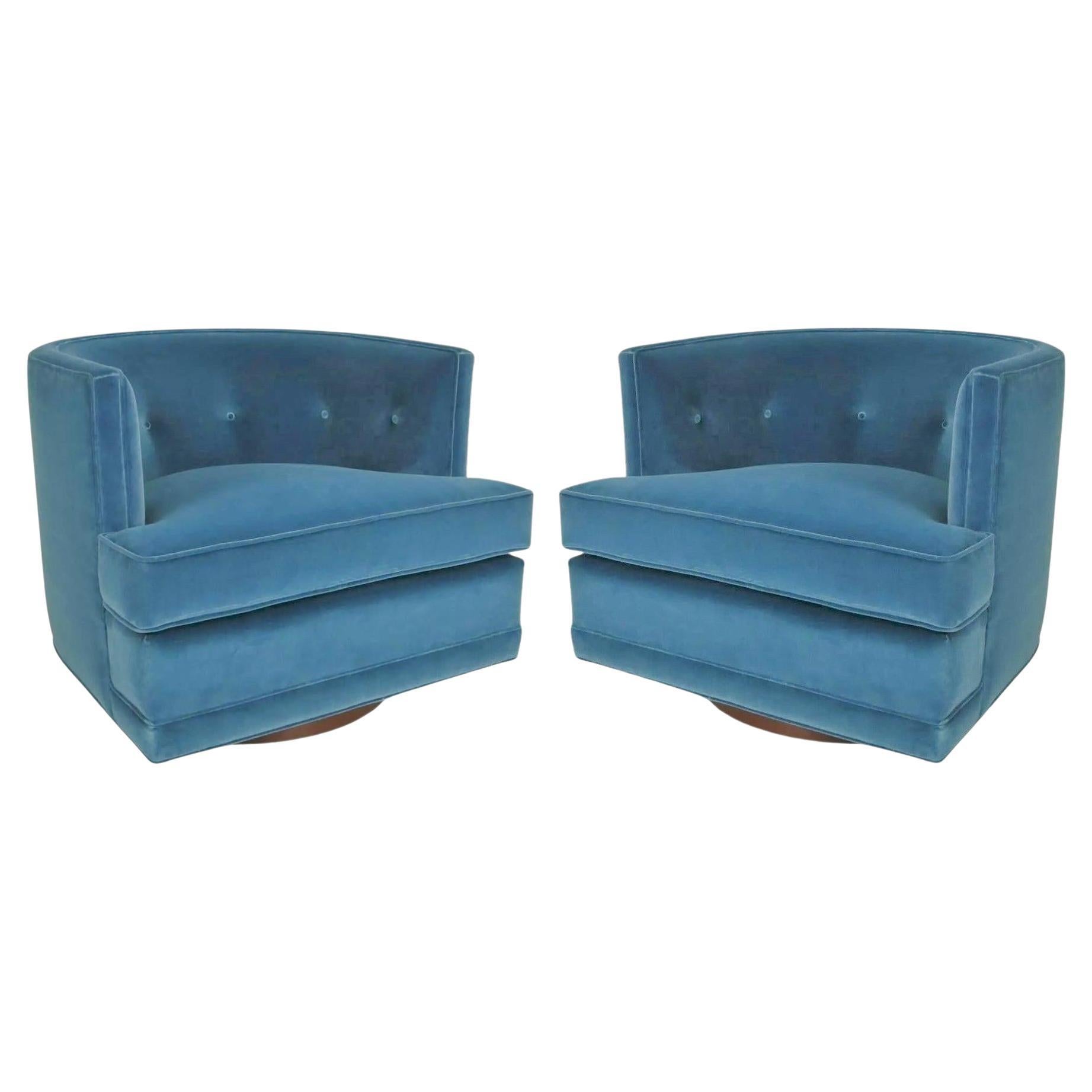 Pair Mid-Century Modern Swivel Chairs in Soft Blue Velvet