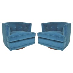 Vintage Pair Mid-Century Modern Swivel Chairs in Soft Blue Velvet