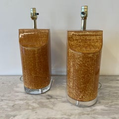 Pair Mid-Century Modern Table Lamps, Goatskin and Lucite, Manner Karl Springer