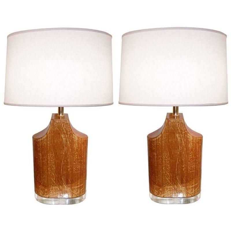 Brass Pair Mid-Century Modern Table Lamps, Goatskin and Lucite, Manner Karl Springer For Sale