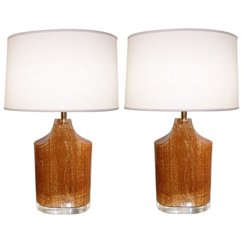 Pair Mid-Century Modern Table Lamps, Goatskin and Lucite, Manner Karl Springer For Sale