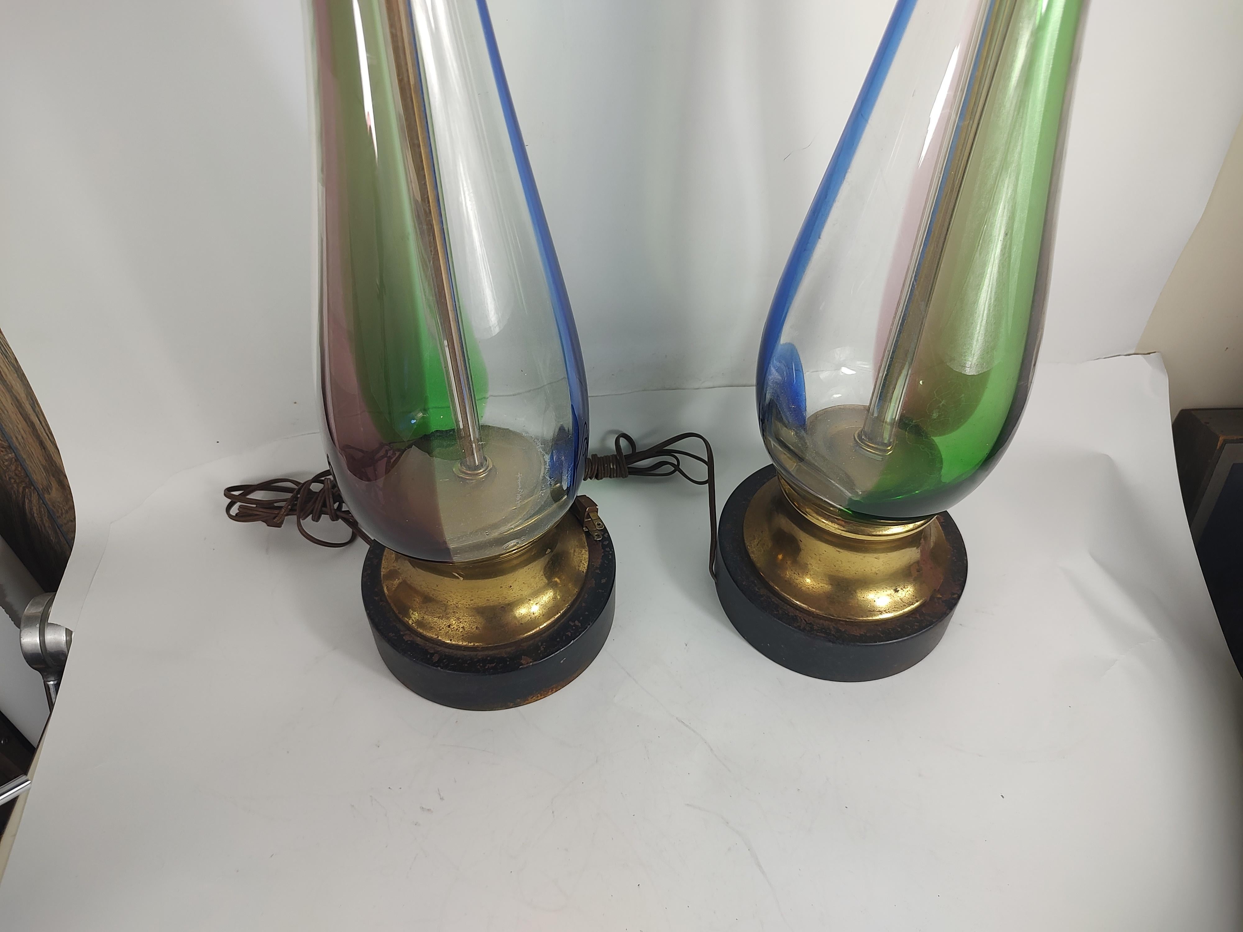 Plated Pair Mid Century Modern Tall Hand Blown Table Lamps by Barovier & Toso Murano For Sale