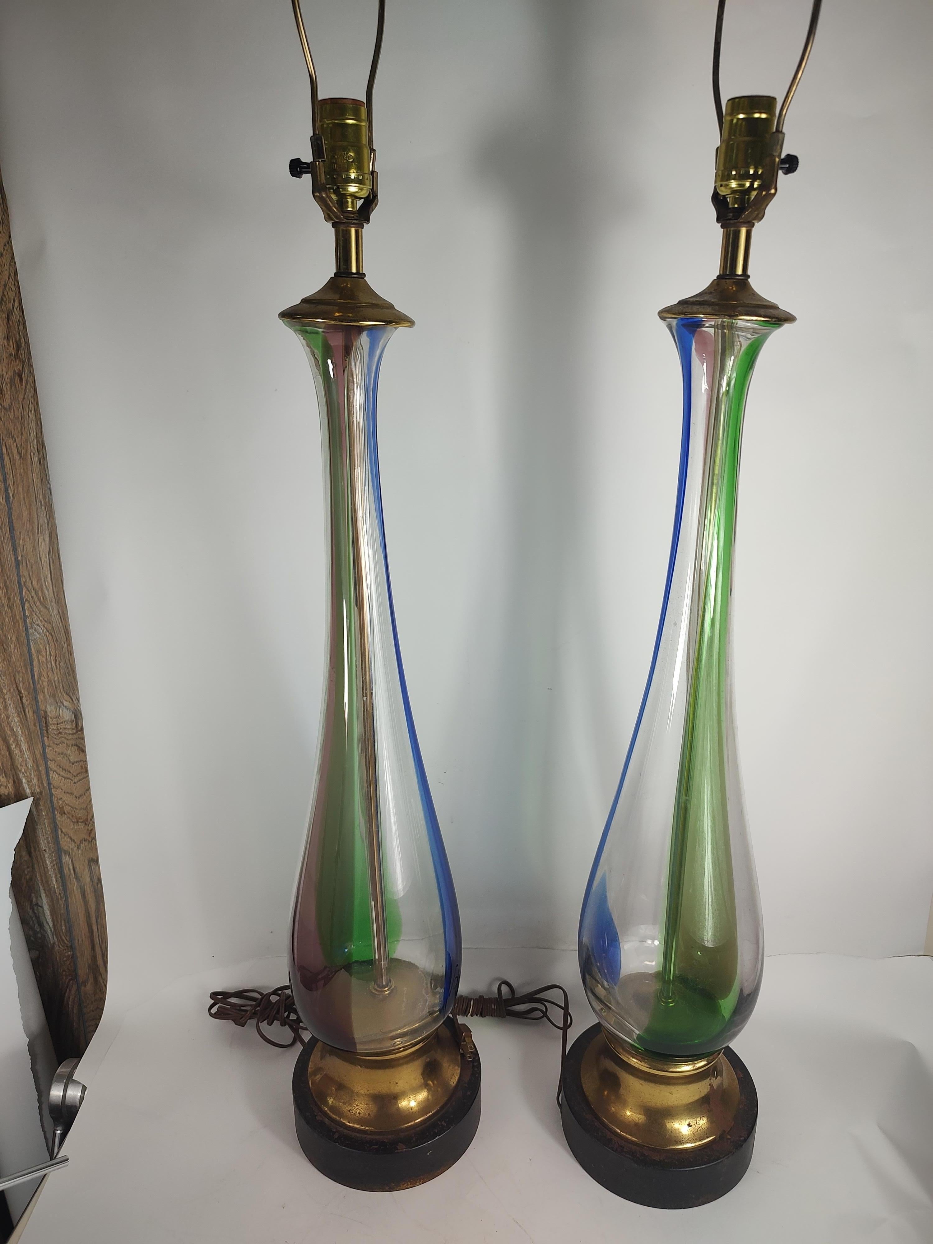 Mid-20th Century Pair Mid Century Modern Tall Hand Blown Table Lamps by Barovier & Toso Murano For Sale