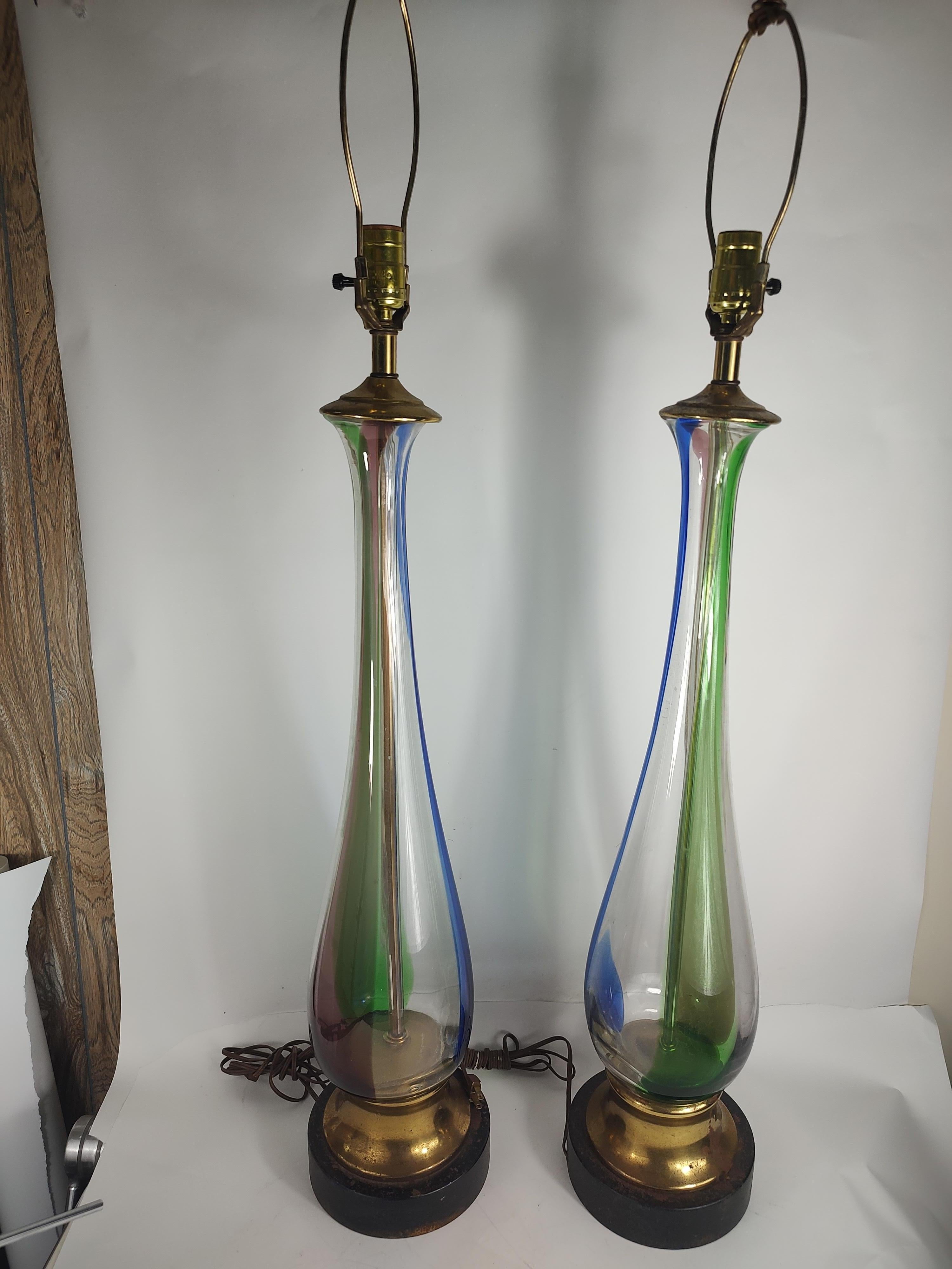 Brass Pair Mid Century Modern Tall Hand Blown Table Lamps by Barovier & Toso Murano For Sale