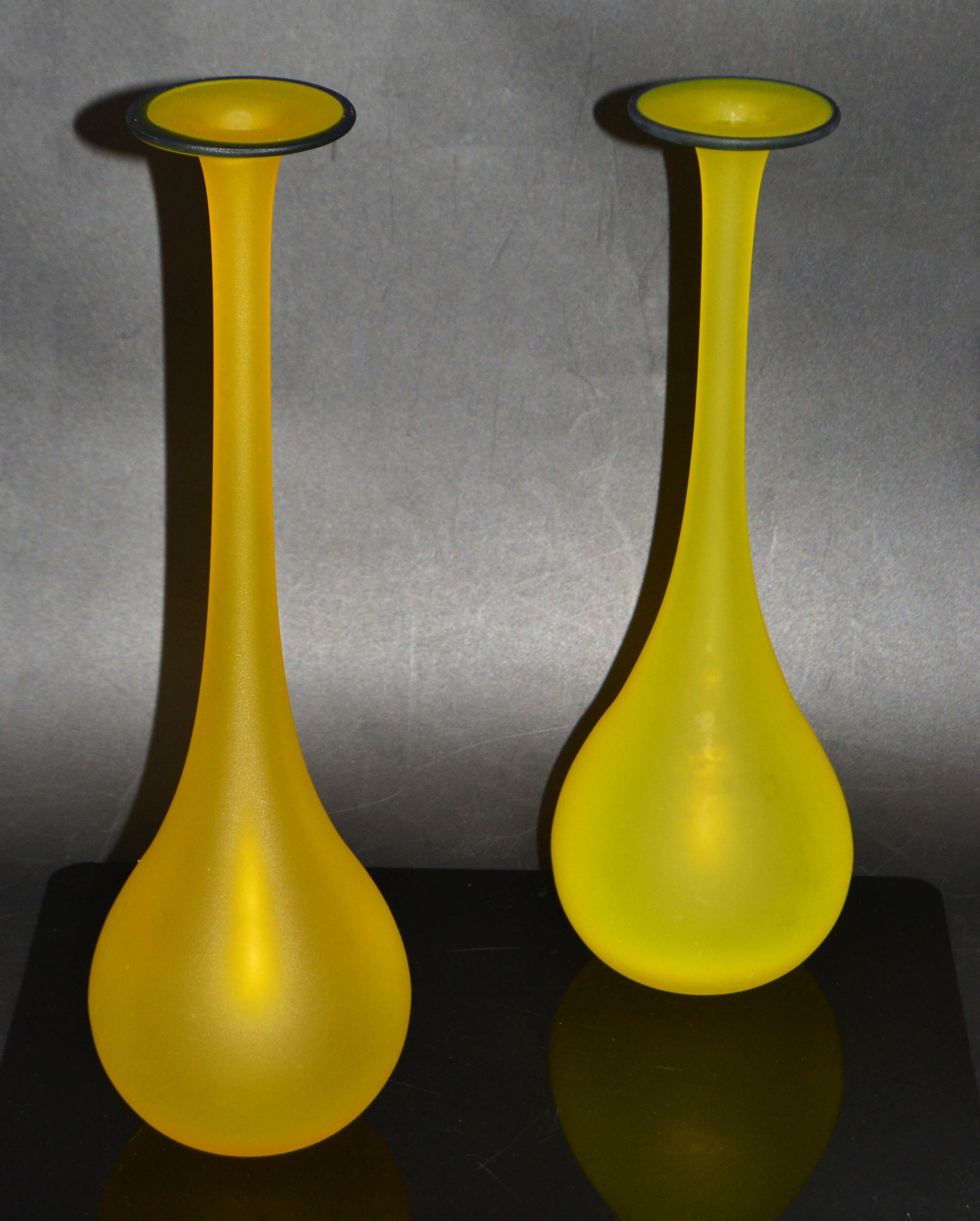 Pair, Mid-Century Modern Translucent Blue and Yellow Satin Glass Bud Vase, Italy For Sale 3