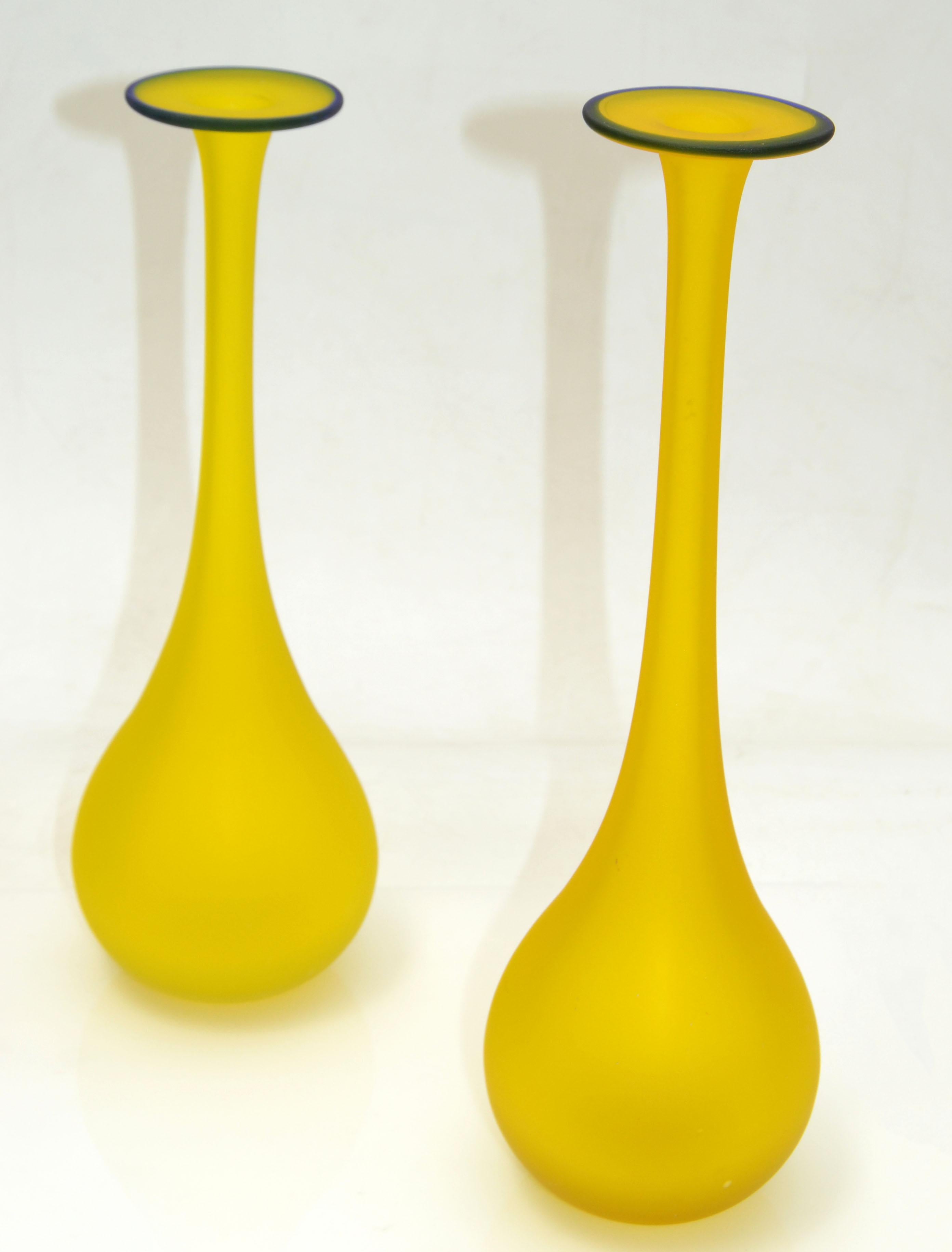 Pair, Mid-Century Modern Translucent Blue and Yellow Satin Glass Bud Vase, Italy For Sale 5
