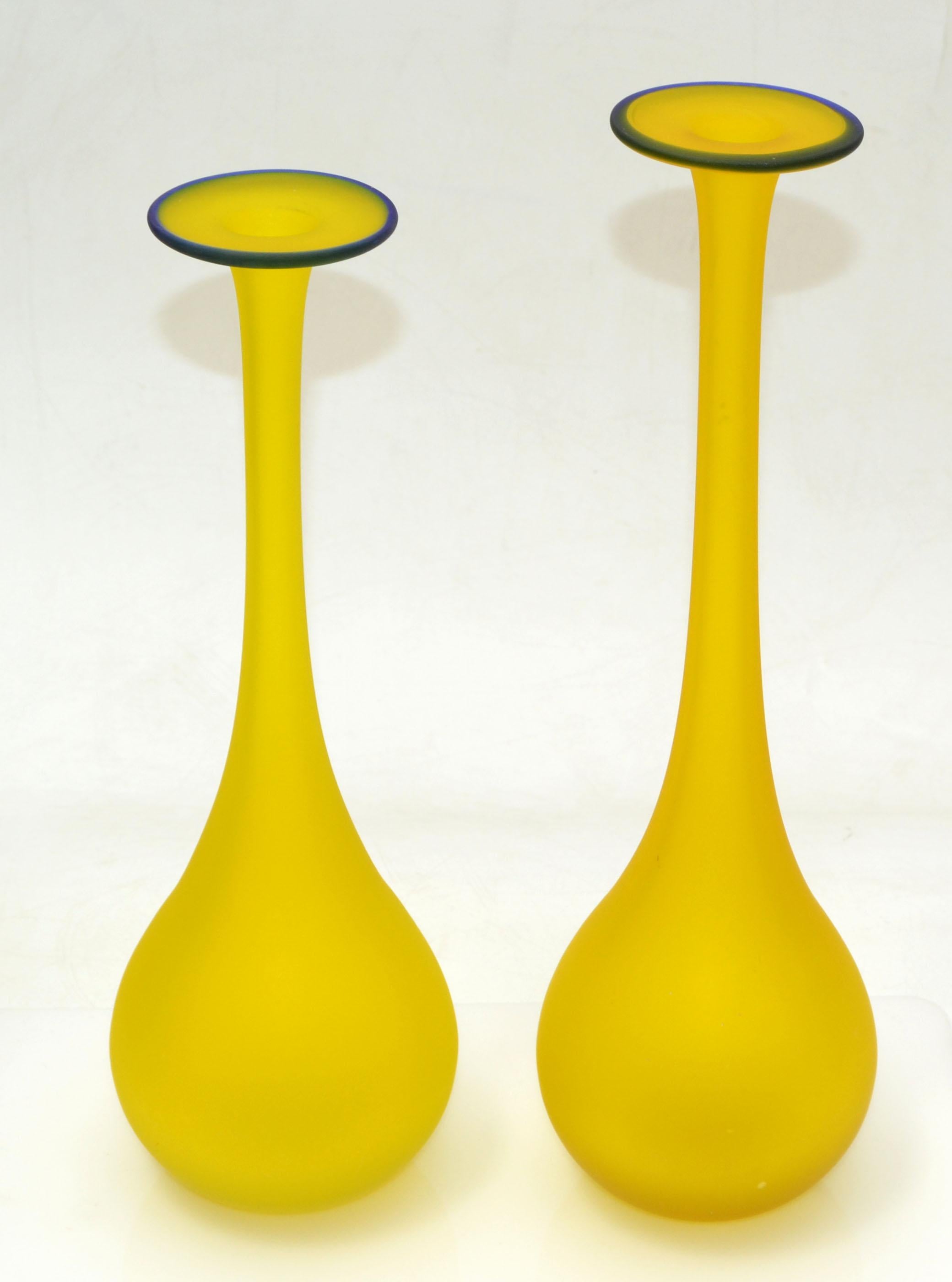 Italian Pair, Mid-Century Modern Translucent Blue and Yellow Satin Glass Bud Vase, Italy For Sale