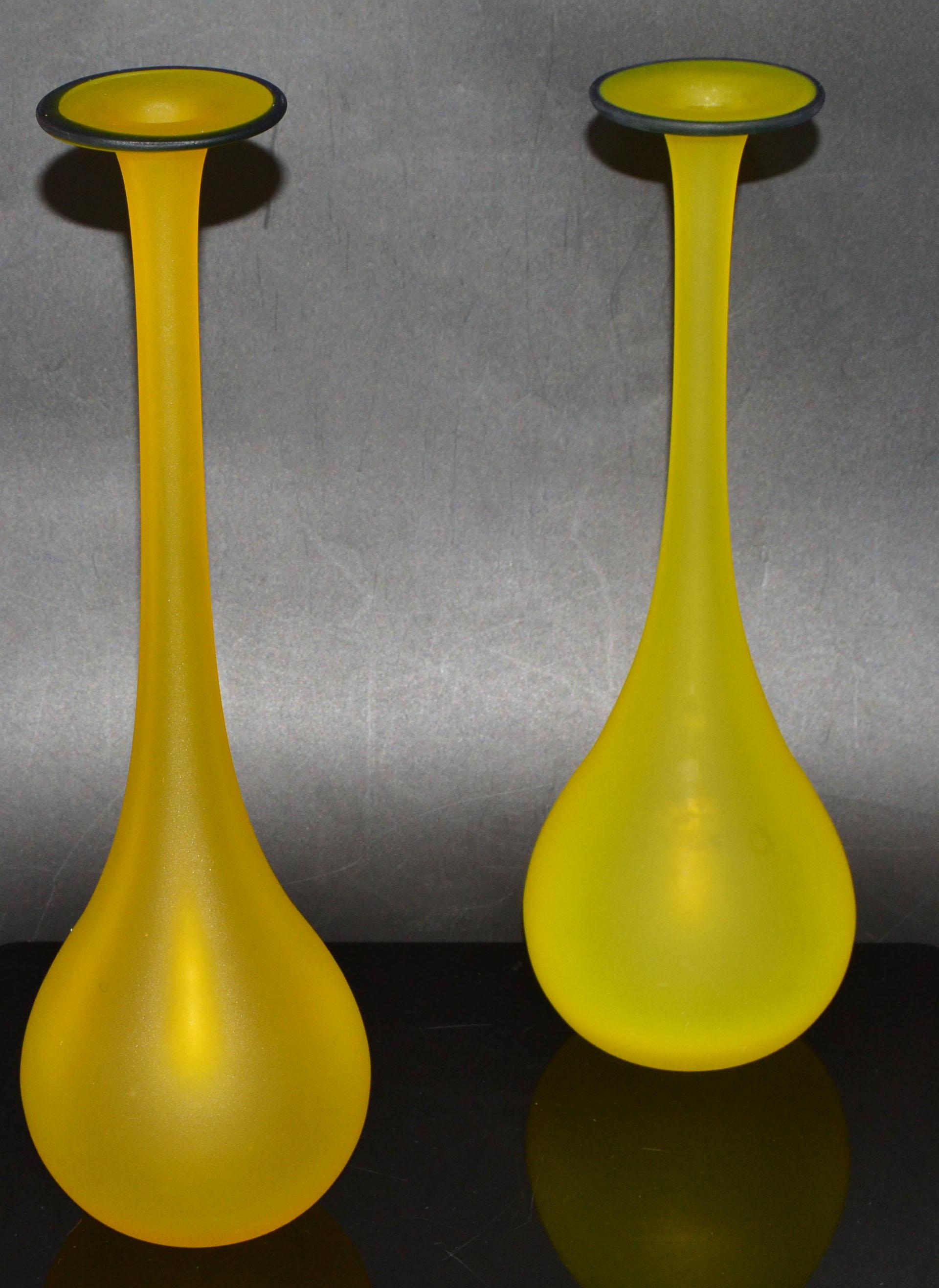Hand-Crafted Pair, Mid-Century Modern Translucent Blue and Yellow Satin Glass Bud Vase, Italy For Sale