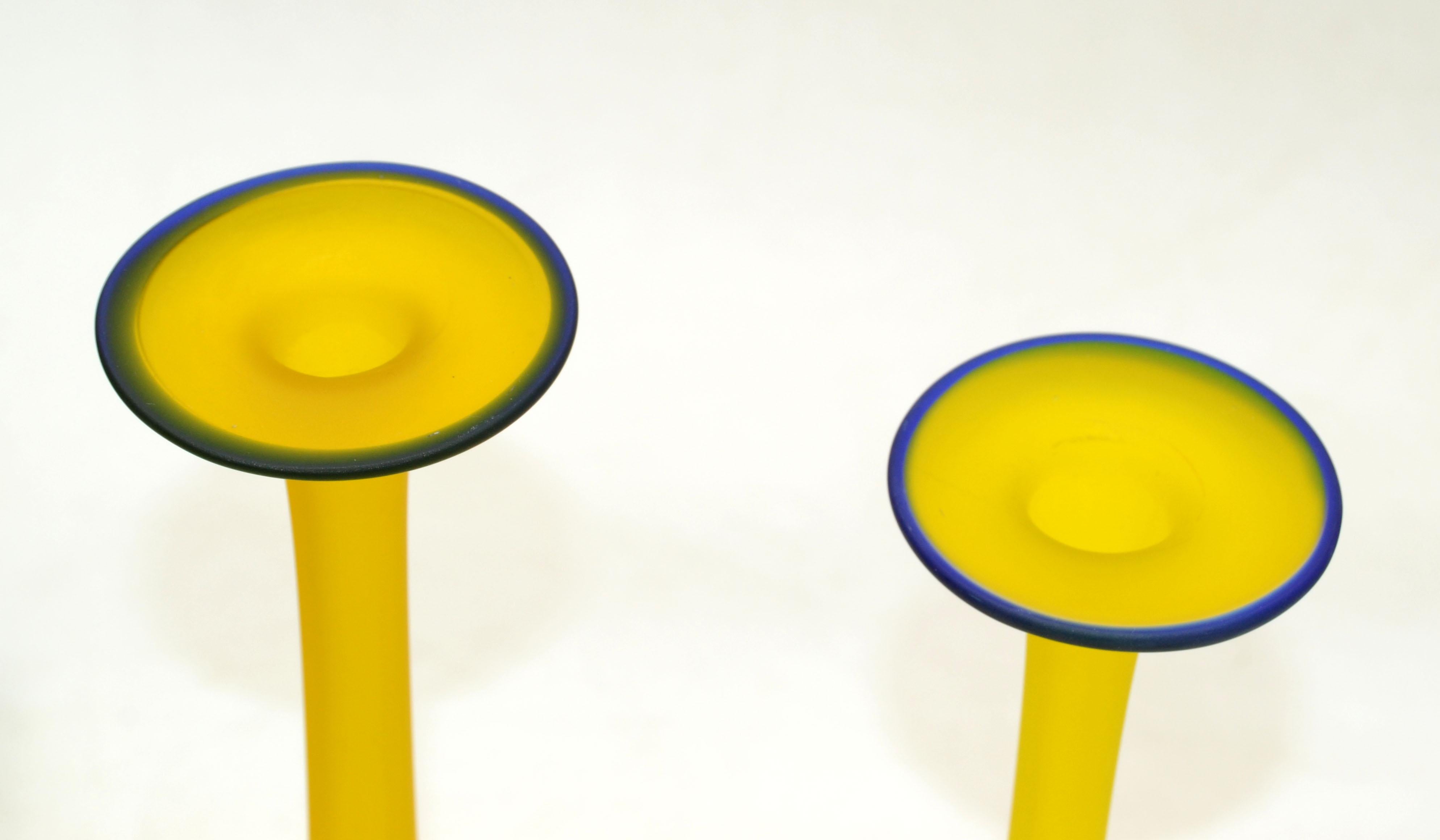 Pair, Mid-Century Modern Translucent Blue and Yellow Satin Glass Bud Vase, Italy In Good Condition For Sale In Miami, FL