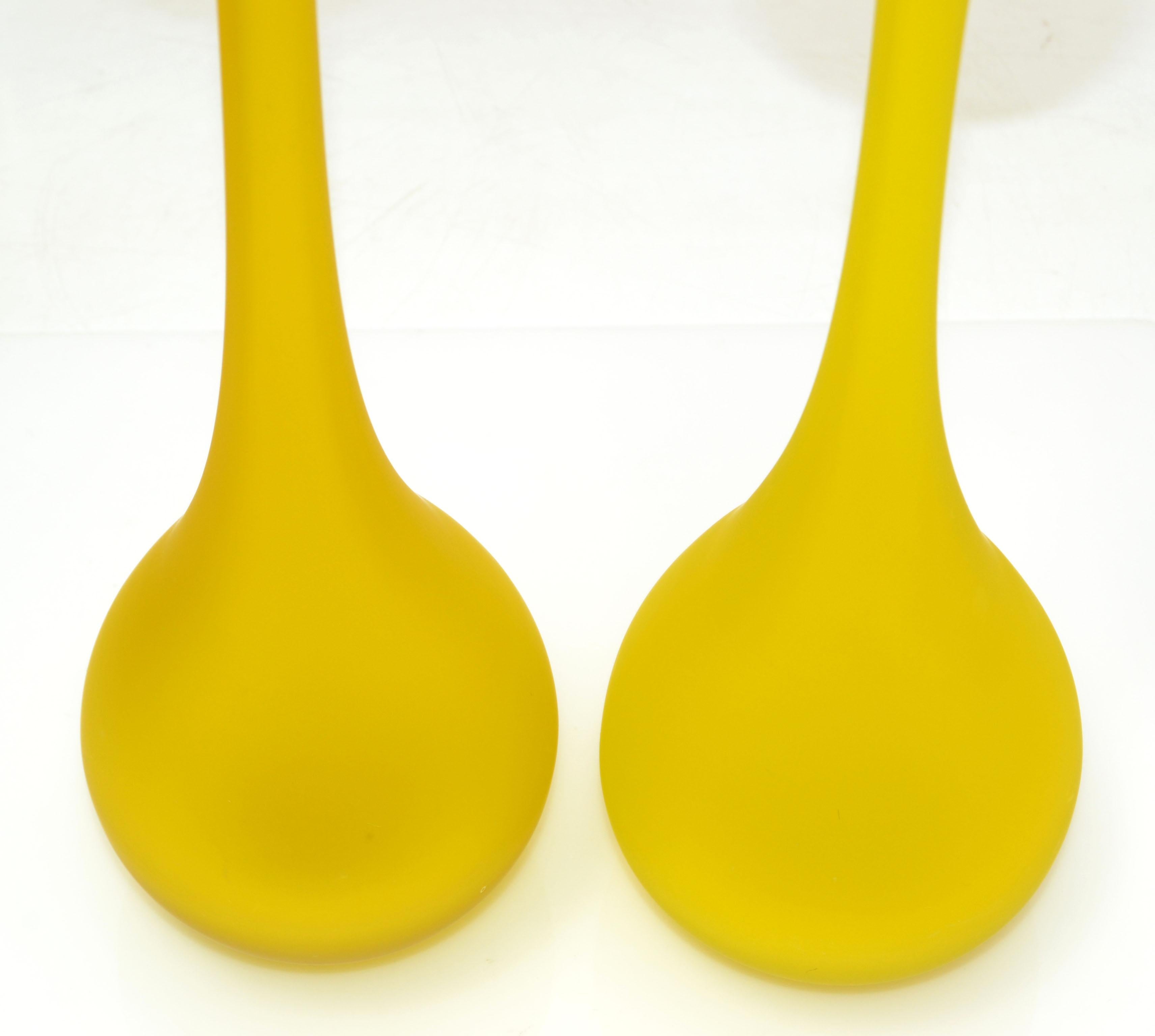 Mid-20th Century Pair, Mid-Century Modern Translucent Blue and Yellow Satin Glass Bud Vase, Italy For Sale