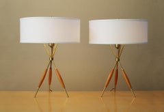 Pair Mid Century Modern Tripod Lamps Lightolier Gerald Thurston Atomic 1950s