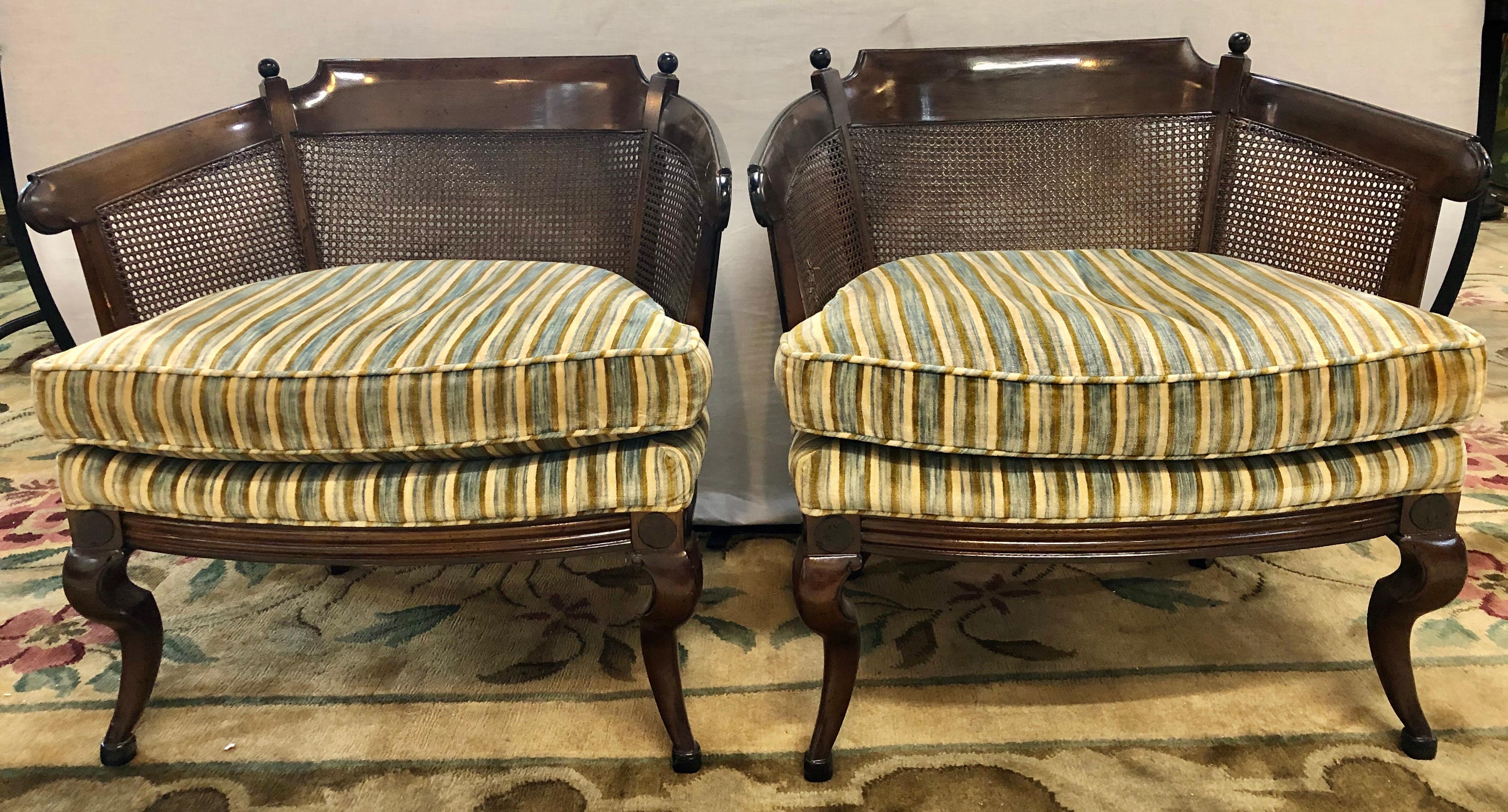 American Pair of Mid-Century Modern Tub Chairs in Striped Upholstery with Cushion