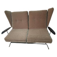 Pair Mid-Century Modern Two Seat Sofa Settees By Max Stout Mohair w Iron Frames
