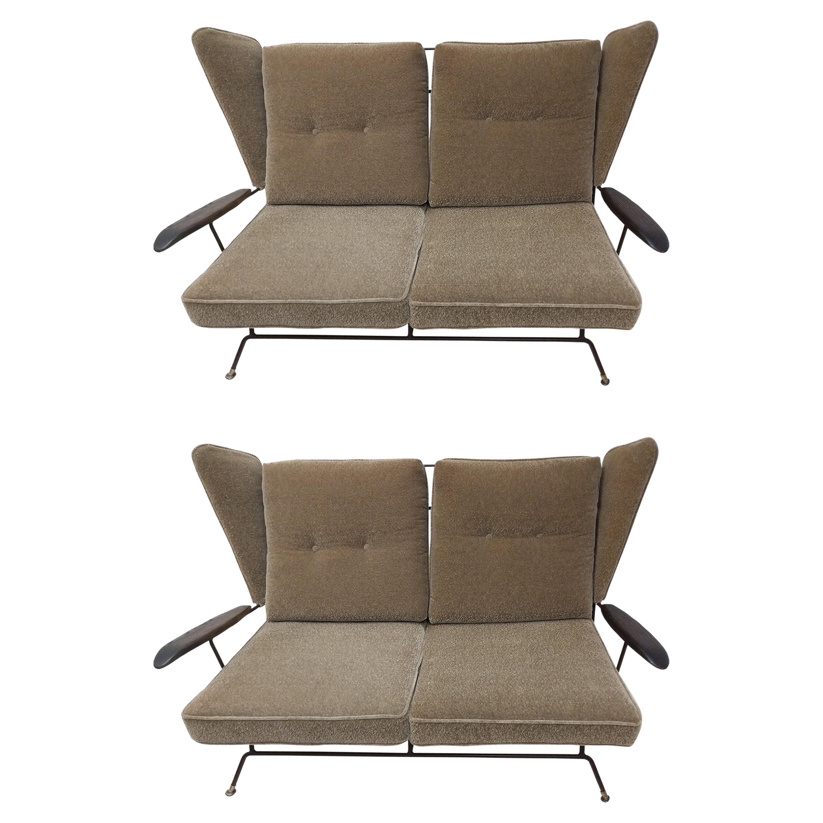 Pair Mid-Century Modern Two Seat Sofa Settees By Max Stout Mohair w Iron Frames