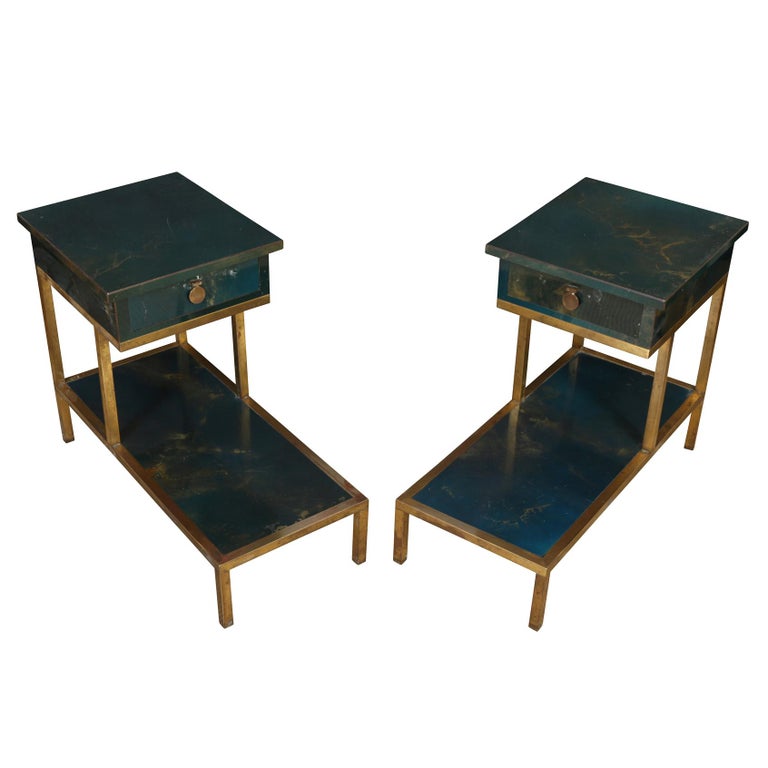 Pair MidCentury Modern Two Tiered Marbled Blue and Brass End Tables