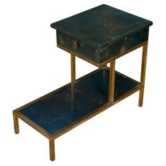 Pair Mid-Century Modern Two Tiered Marbled Blue and Brass End Tables