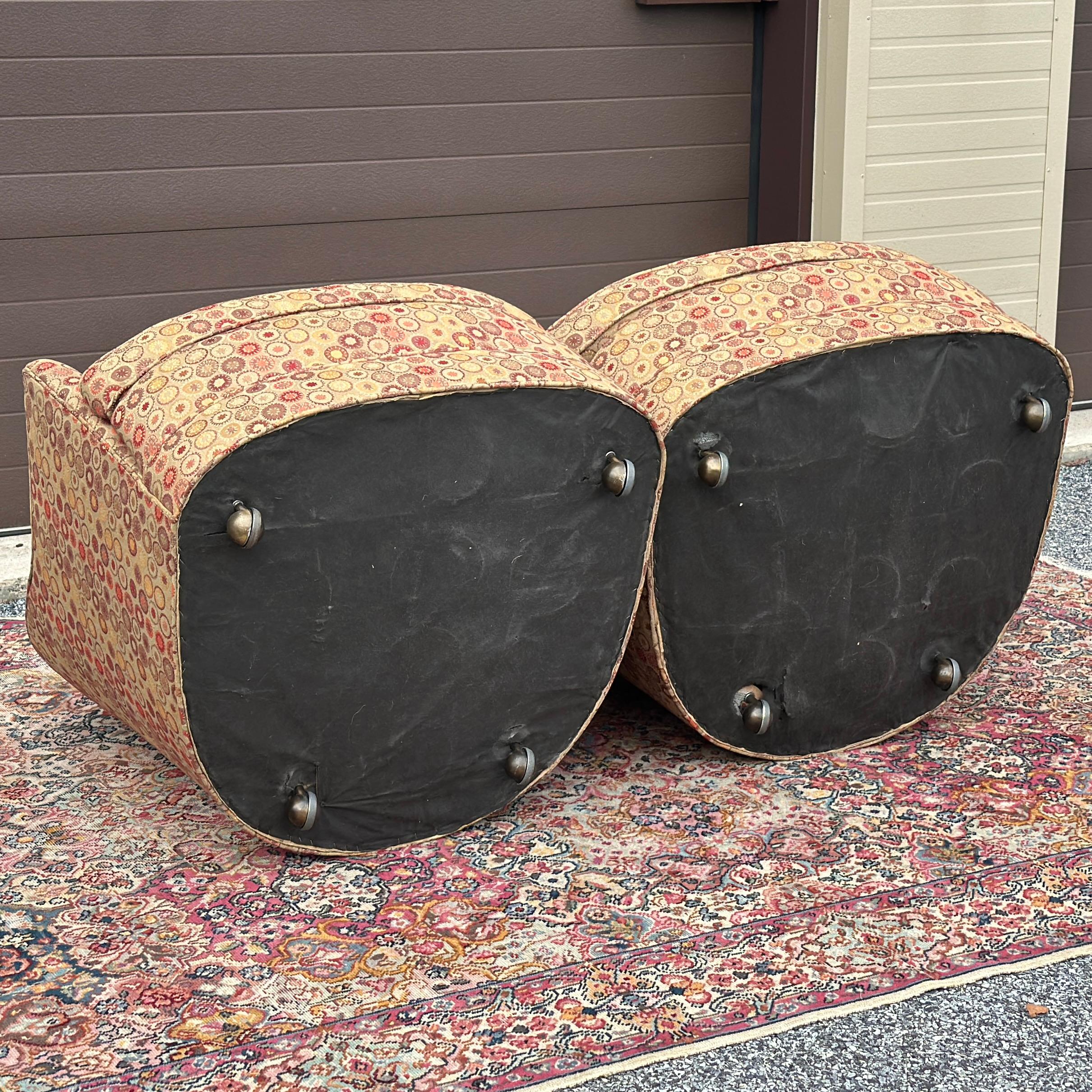 Pair Mid-Century Modern Upholstered Barrel Back Lounge Club Chairs on Casters For Sale 7