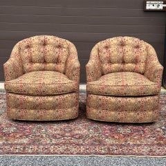 Pair Mid-Century Modern Upholstered Barrel Back Lounge Club Chairs on Casters