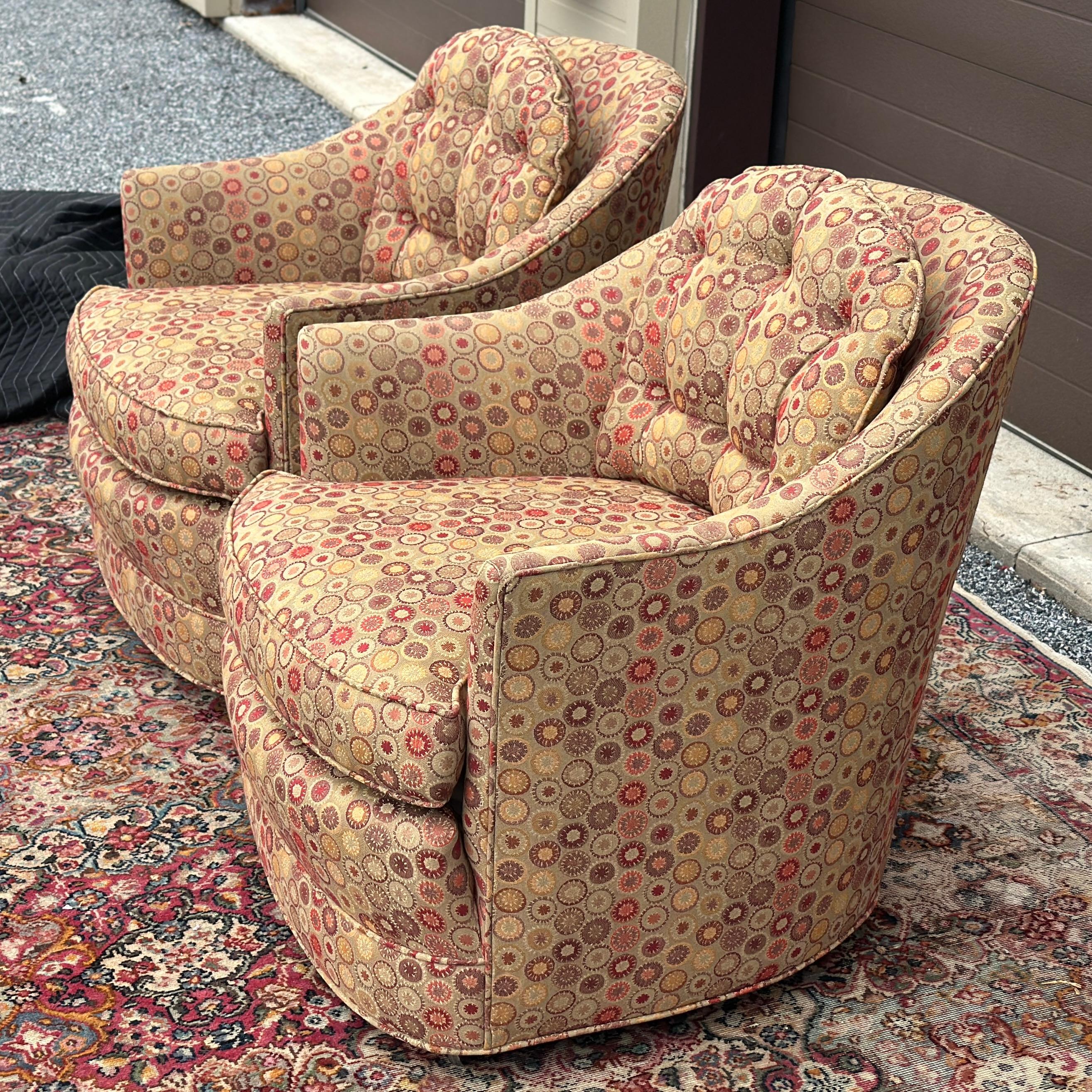 Hand-Crafted Pair Mid-Century Modern Upholstered Barrel Back Lounge Club Chairs on Casters For Sale