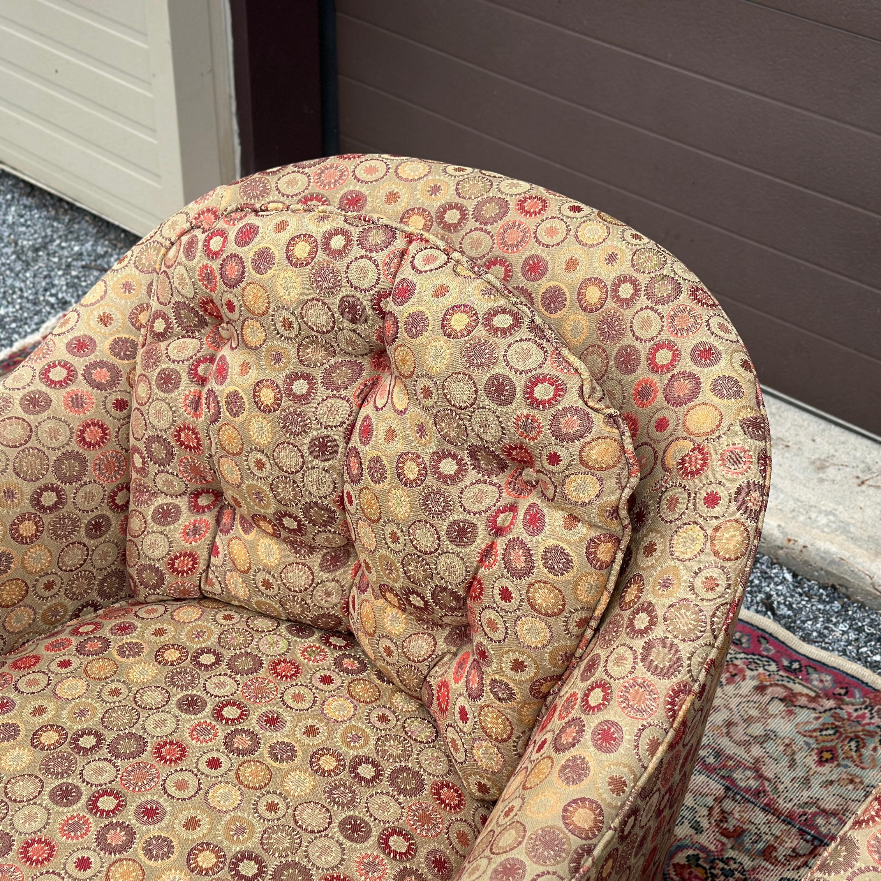 20th Century Pair Mid-Century Modern Upholstered Barrel Back Lounge Club Chairs on Casters For Sale