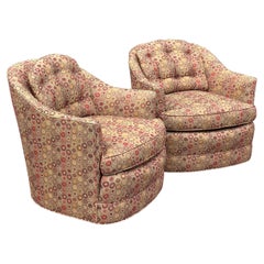 Pair Mid-Century Modern Upholstered Barrel Back Lounge Club Chairs on Casters