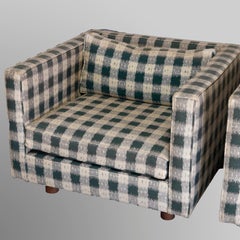 Pair of Mid-Century Modern Upholstered Pillow Back Cube Chairs in Plaid
