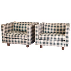 Pair of Mid-Century Modern Upholstered Pillow Back Cube Chairs in Plaid