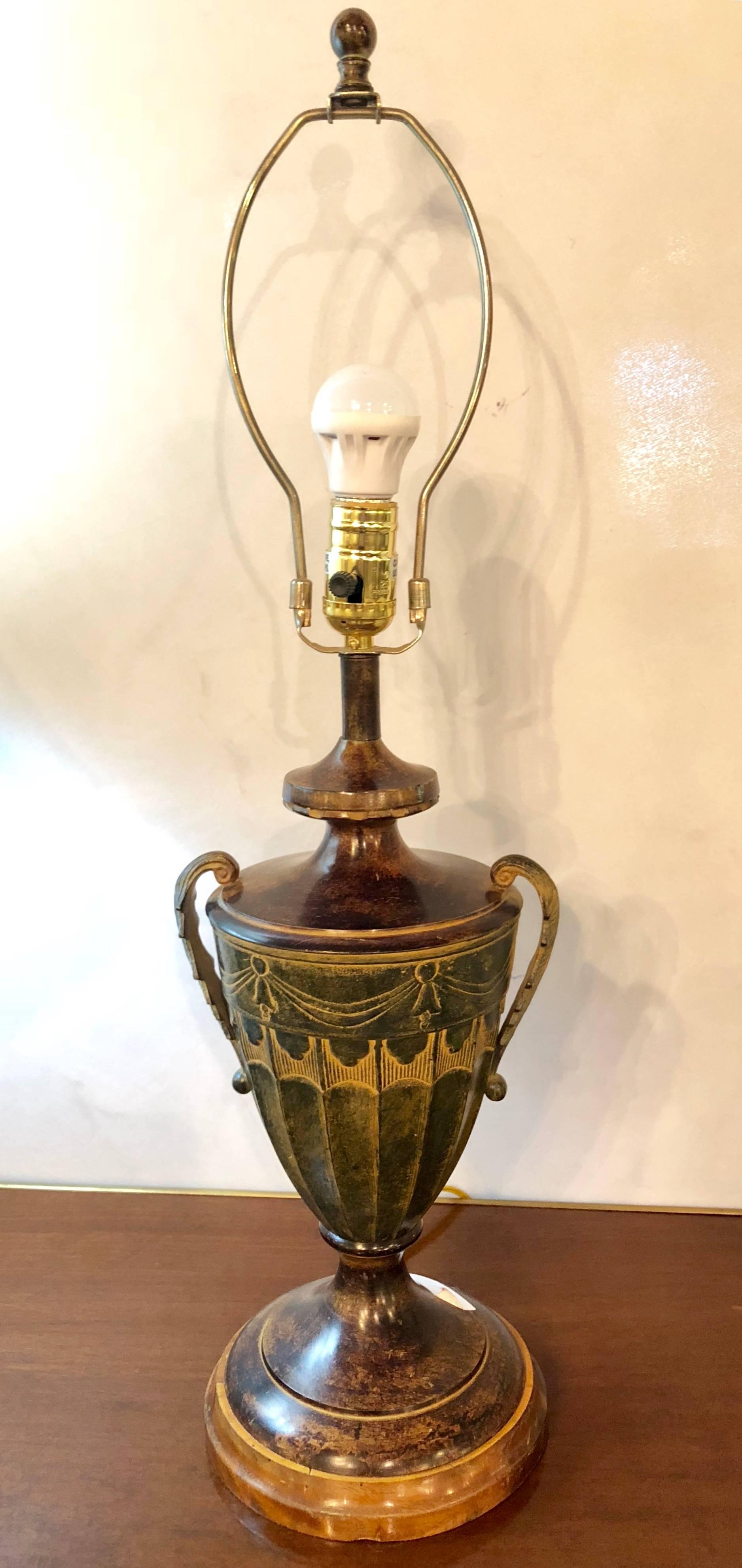 Hollywood Regency Pair Mid-Century Modern Urn Form Gilt Painted Twin Handled Aladdin Table Lamps
