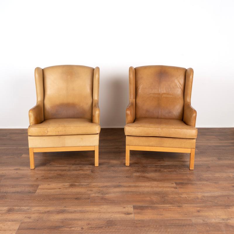 Mid-Century Modern Pair, Mid Century Modern Vintage Tan Leather Wingback Armchairs and Matching Ott