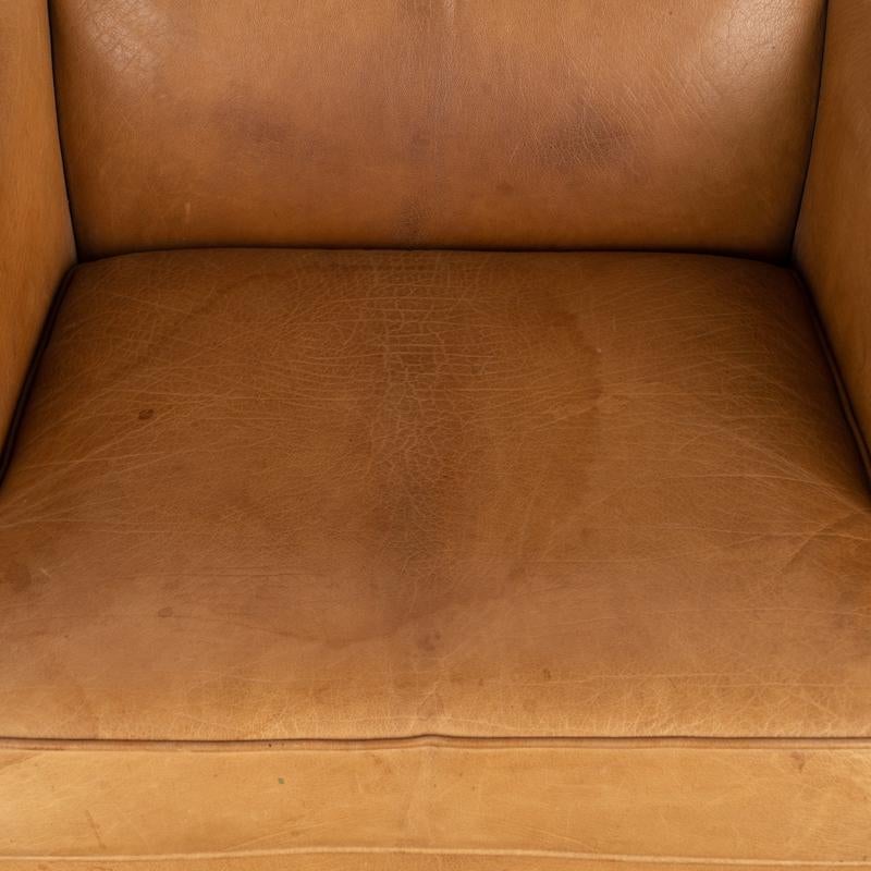 20th Century Pair, Mid Century Modern Vintage Tan Leather Wingback Armchairs and Matching Ott