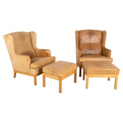 Pair, Mid Century Modern Vintage Tan Leather Wingback Armchairs and Matching Ott