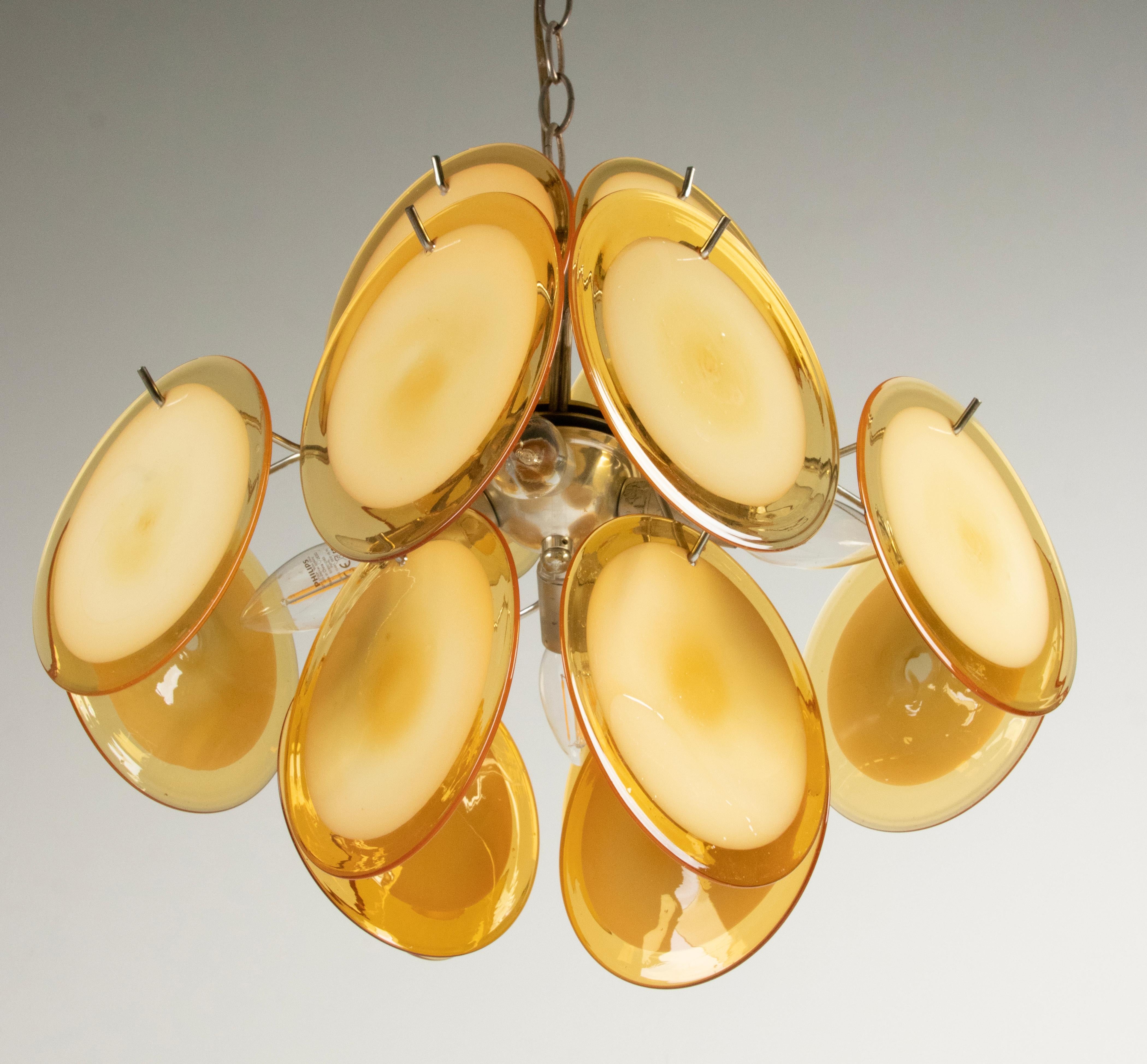 Pair Mid-Century Modern Vistosi Style Yellow Glass Murano Disk Chandeliers For Sale 6