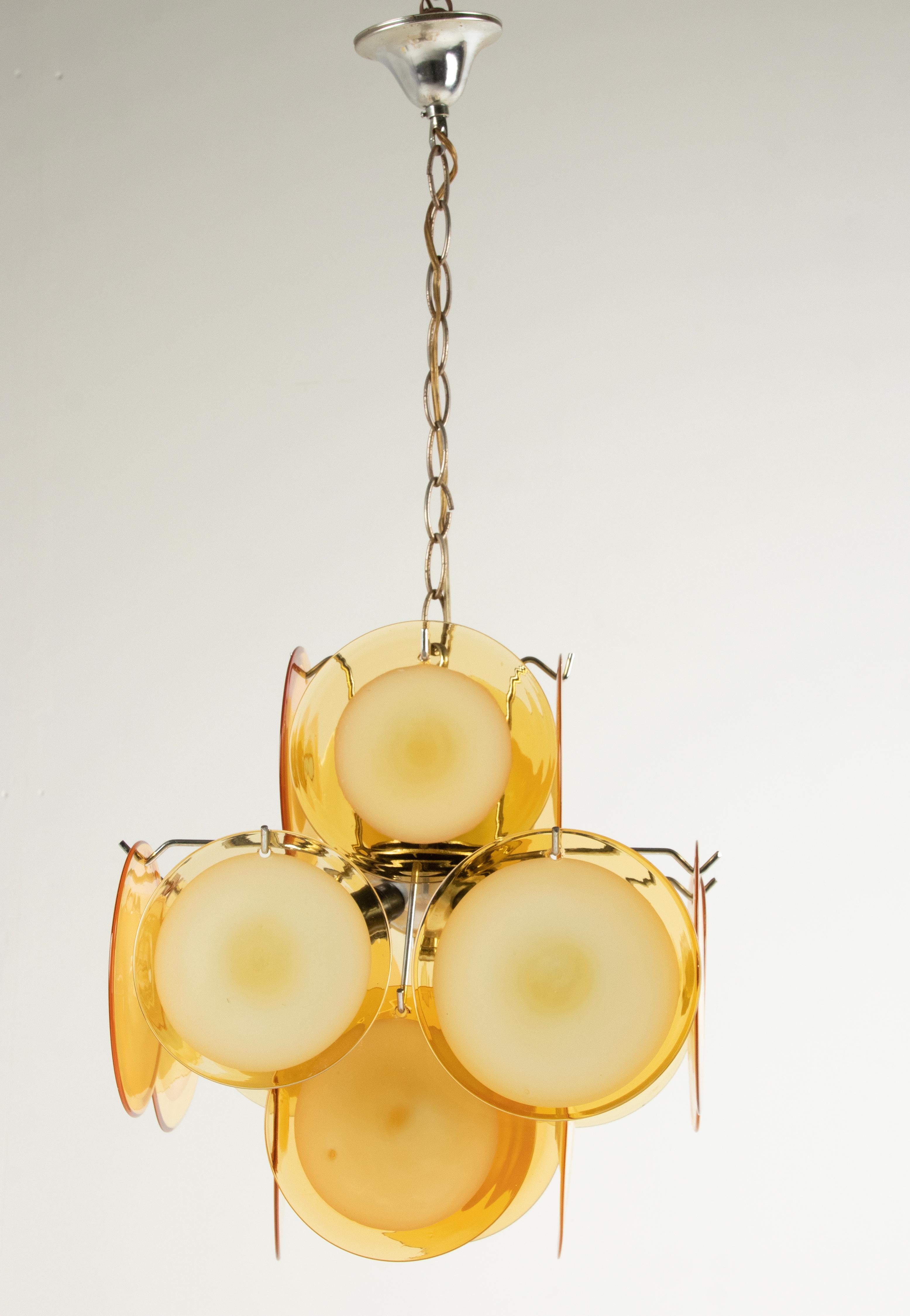 Pair Mid-Century Modern Vistosi Style Yellow Glass Murano Disk Chandeliers For Sale 9