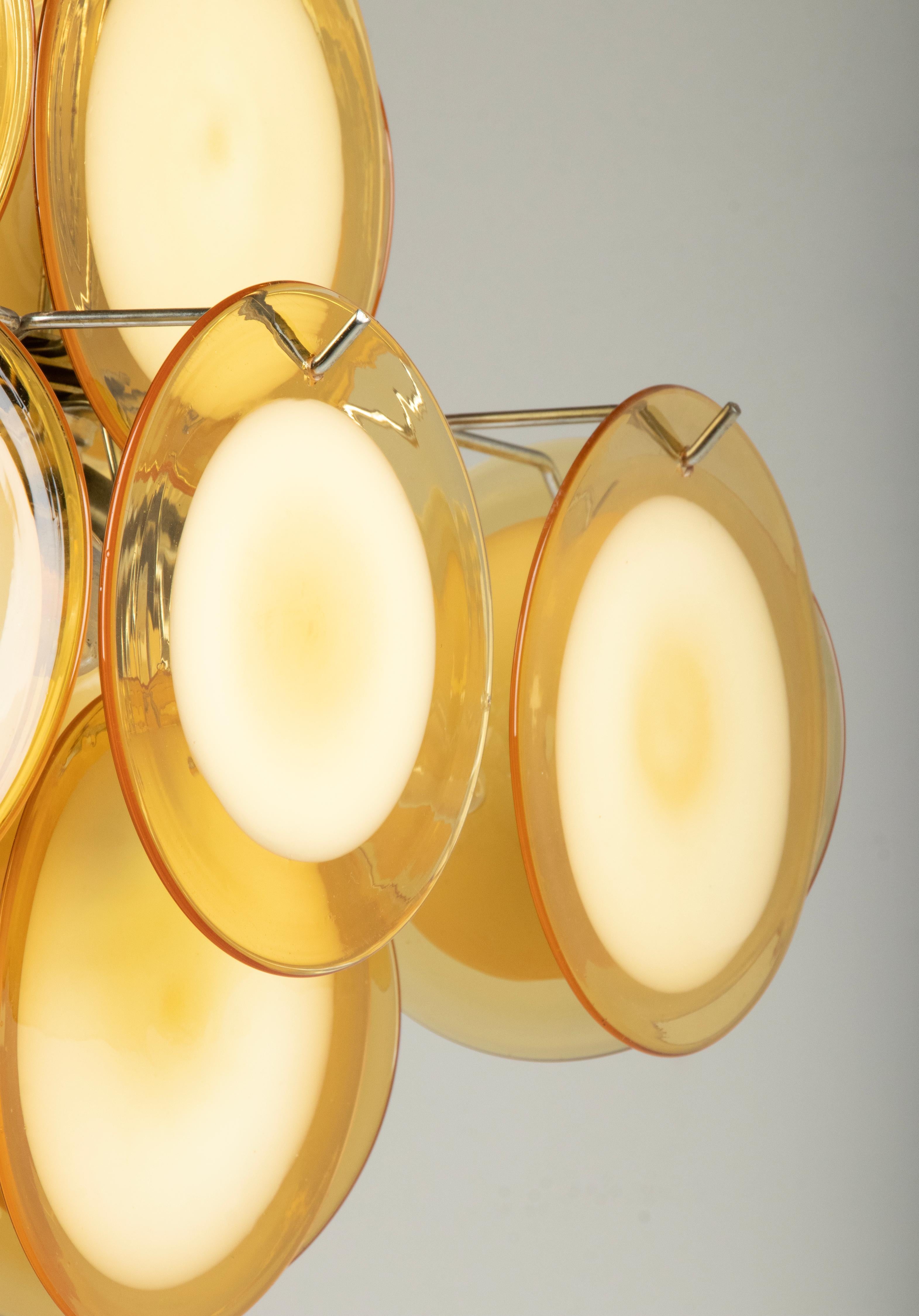 Pair Mid-Century Modern Vistosi Style Yellow Glass Murano Disk Chandeliers For Sale 10
